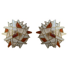 Gran Pareja de Apliques de Hierro Forjado Dorado y Vidrio Martillado de Longobard, Italia Años 70
