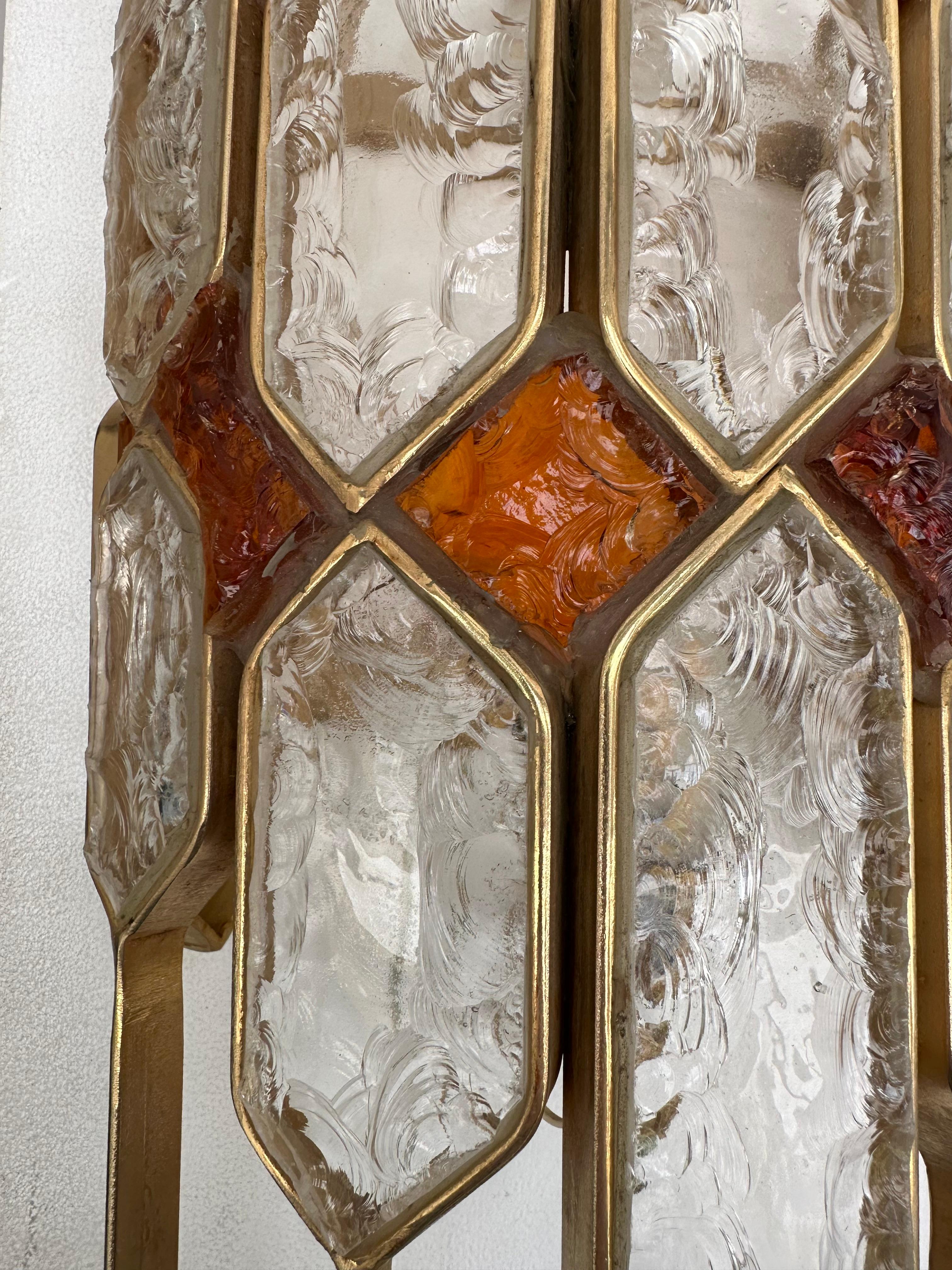 Large Pair of Hammered Glass Gilt Wrought Iron Sconces by Longobard, Italy 1970s For Sale 7