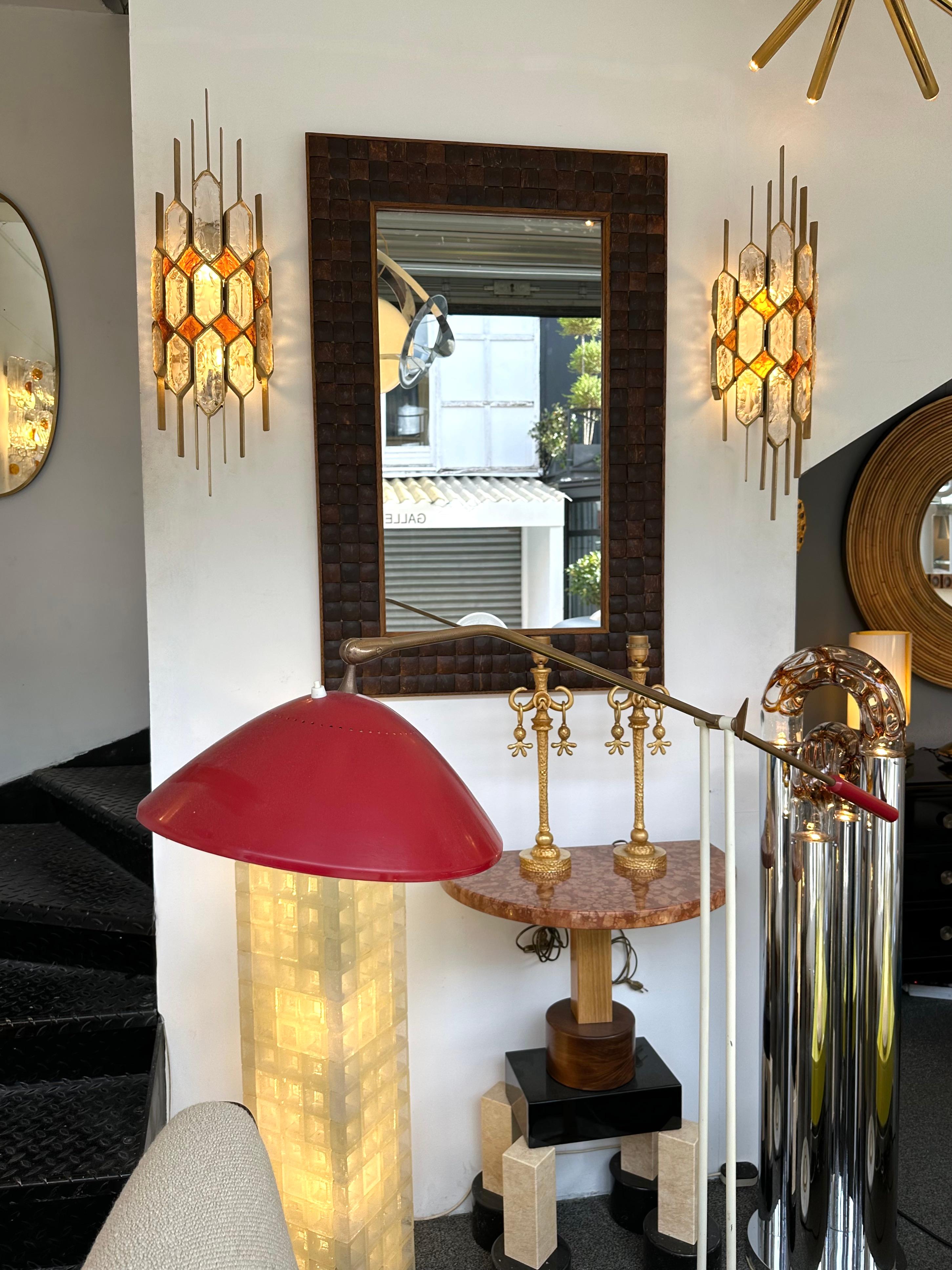 Large Mid-Century Modern pair of wall lamps lights lightning sconces hammered glass and wrought iron, gilding gilt gold patina, by the manufacture Longobard in Verona in a Brutalist style, the concurrent of Biancardi Jordan Arte and Poliarte during