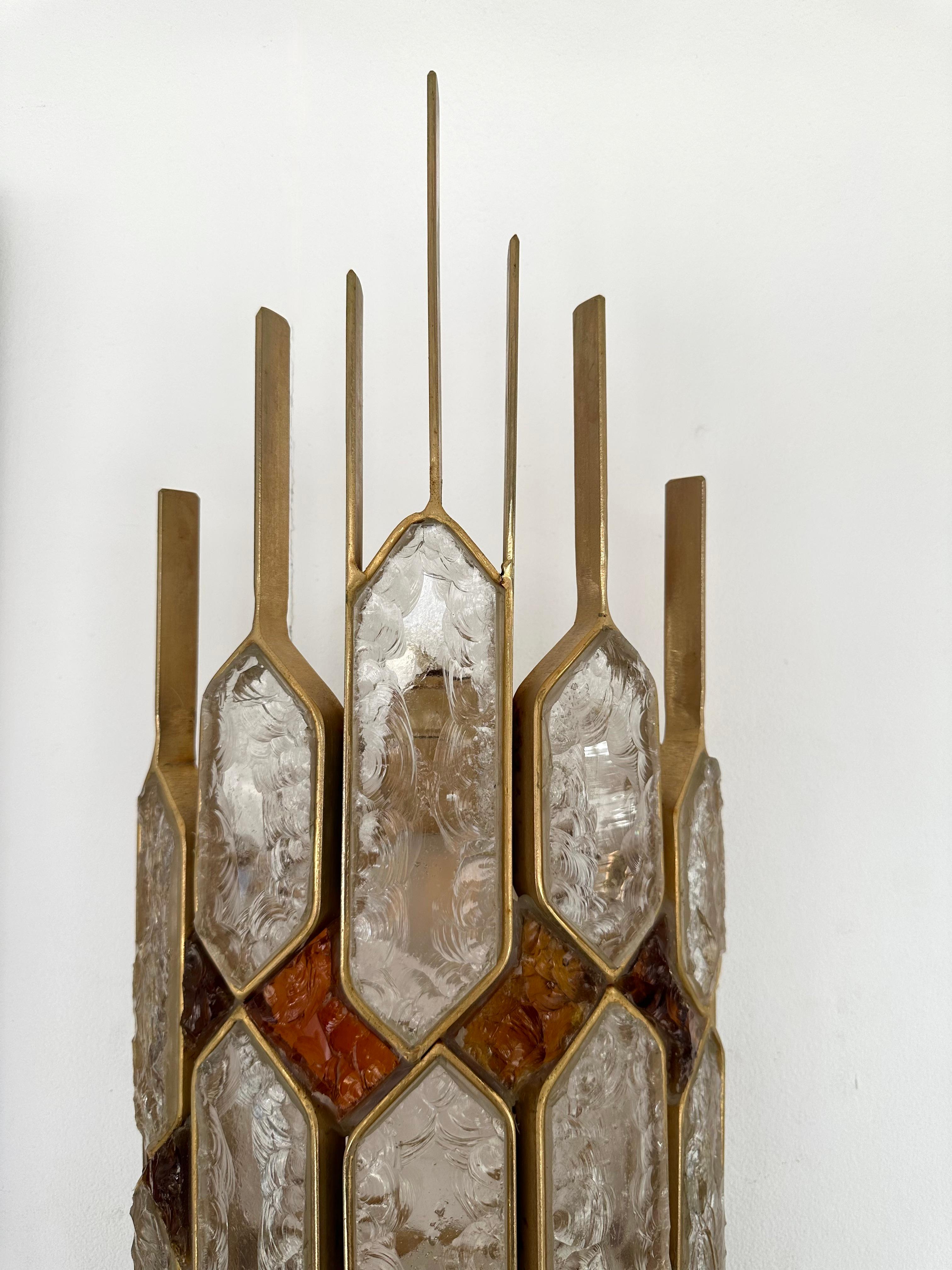 Large Pair of Hammered Glass Gilt Wrought Iron Sconces by Longobard, Italy 1970s For Sale 1
