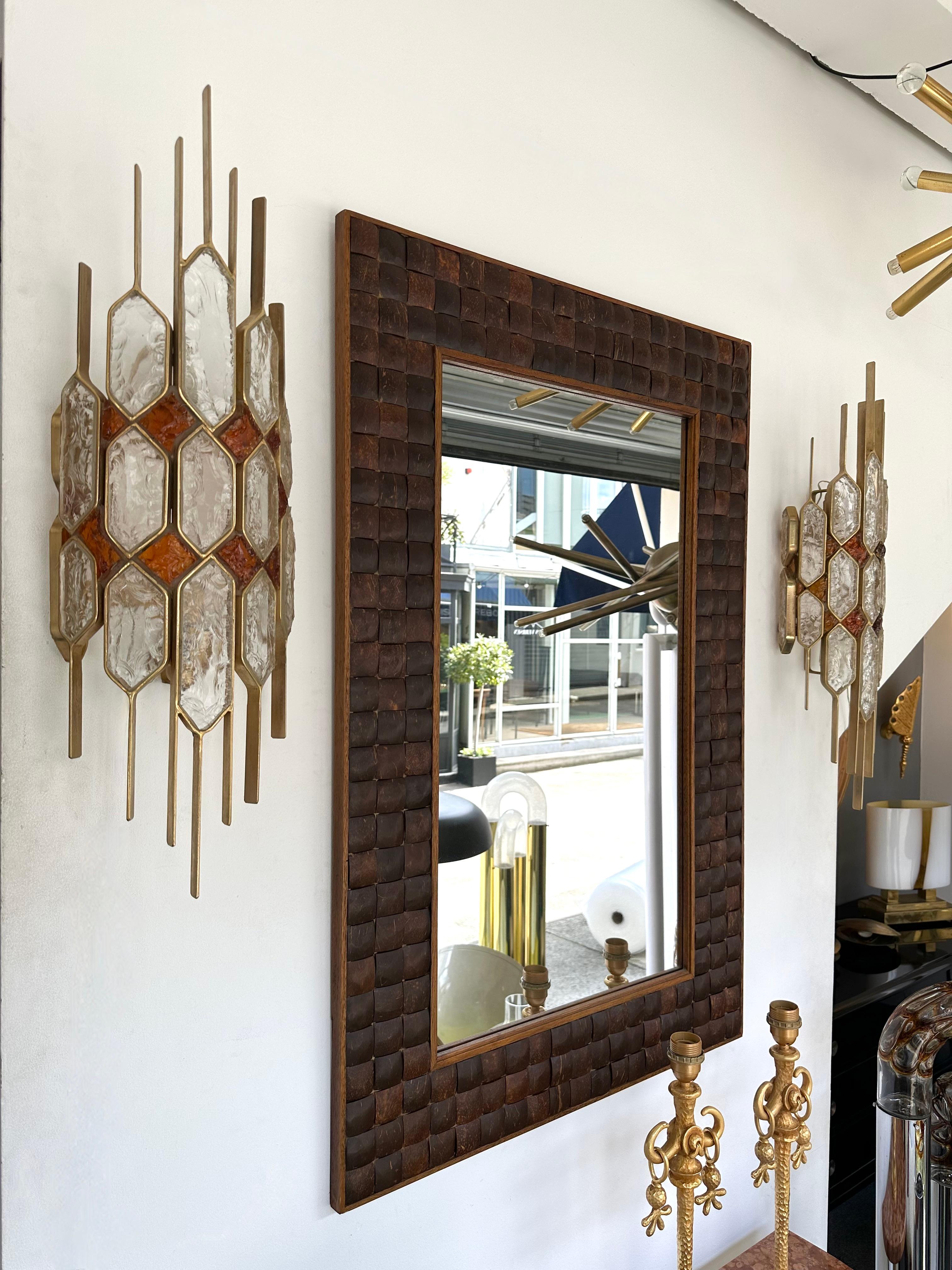 Large Pair of Hammered Glass Gilt Wrought Iron Sconces by Longobard, Italy 1970s For Sale 3