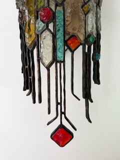Large Pair of Hammered Glass Wrought Iron Sconces by Longobard, Italy. 1970s