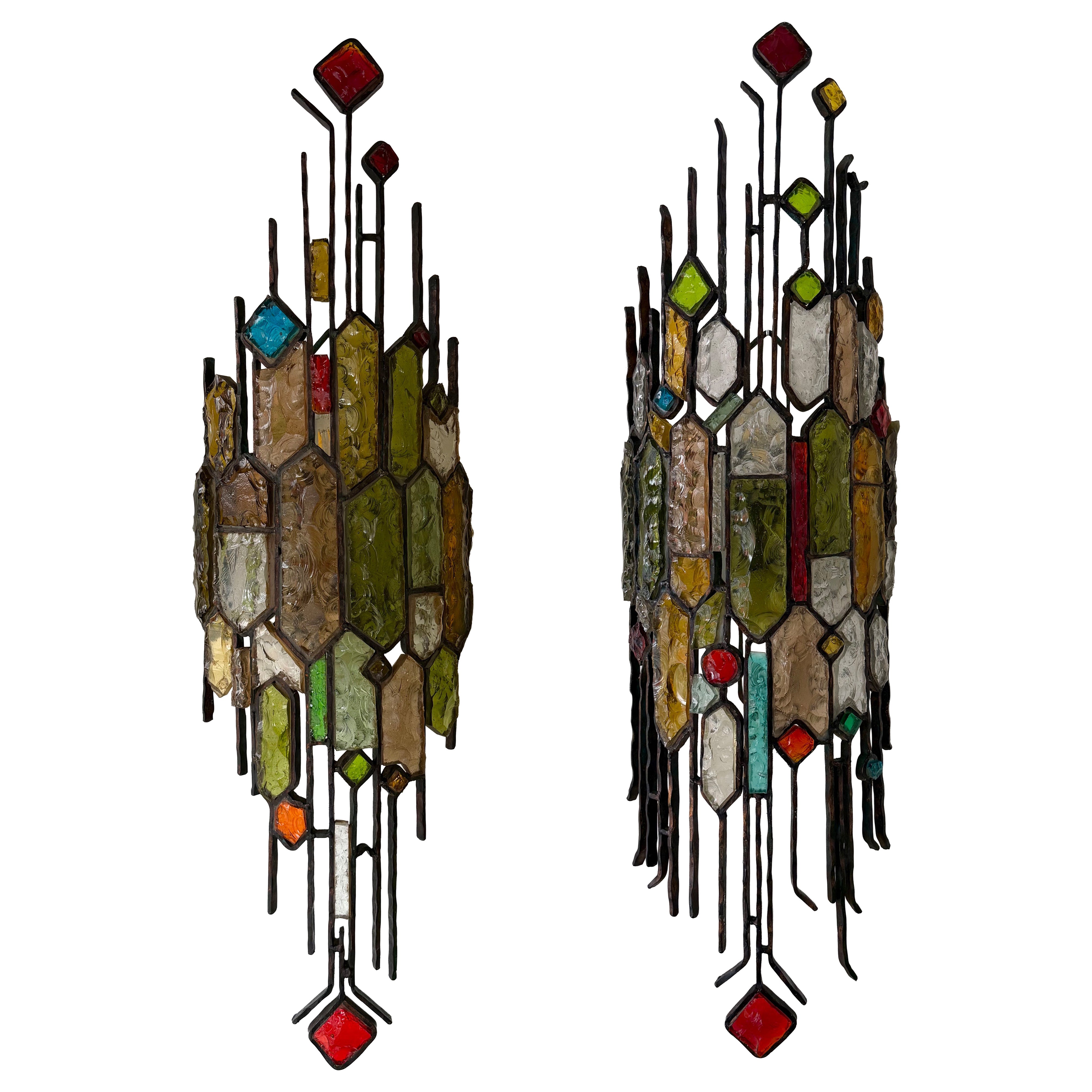 Large Pair of Hammered Glass Wrought Iron Sconces by Longobard, Italy. 1970s For Sale