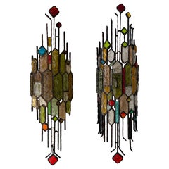 Large Pair of Hammered Glass Wrought Iron Sconces by Longobard, Italy. 1970s