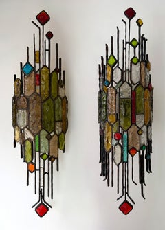 Large Pair of Hammered Glass Wrought Iron Sconces by Longobard, Italy. 1970s