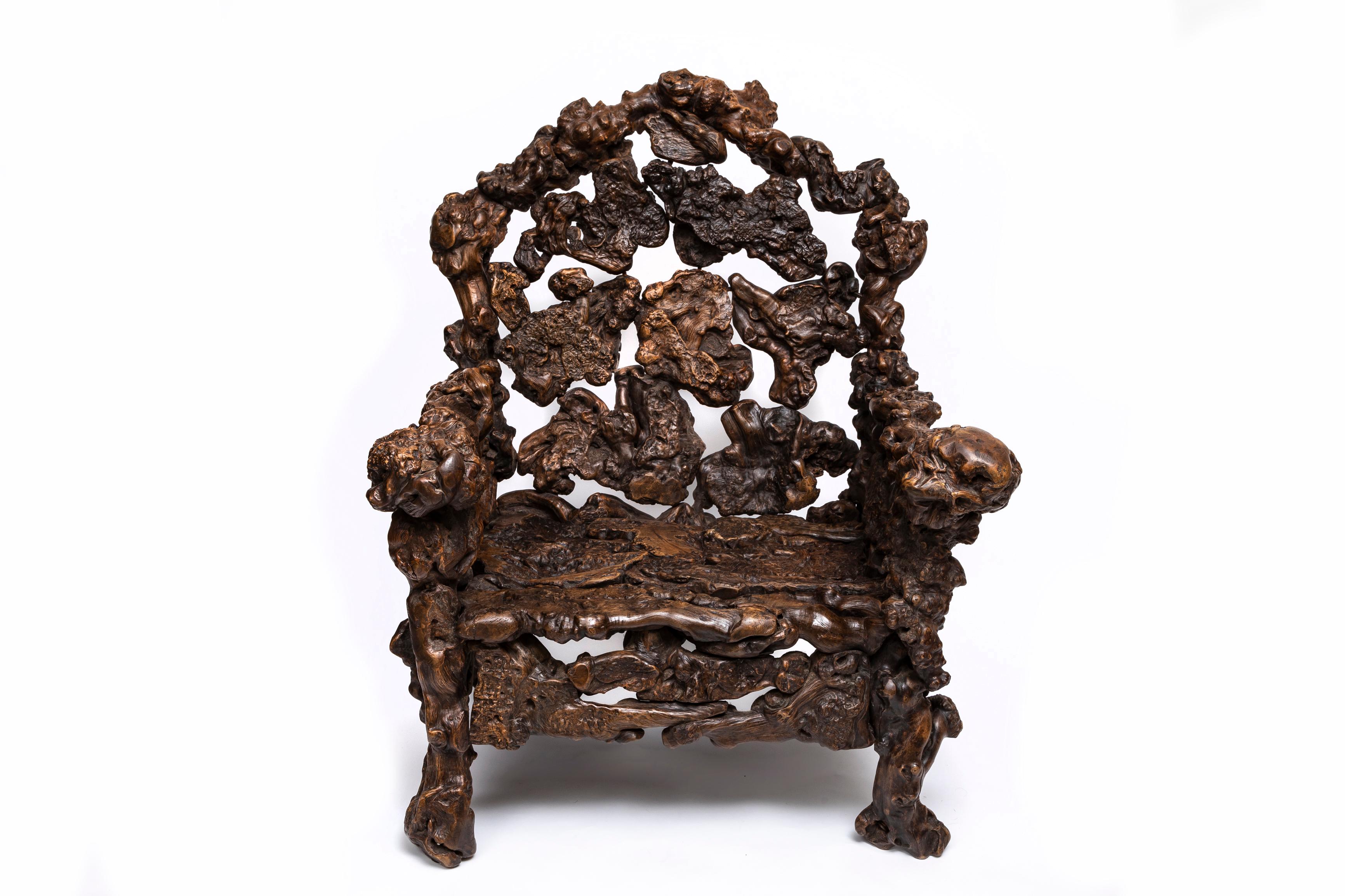 Large Pair of Hand-Carved 19th Century Chinese Rootwood Throne Chairs/Arm Chairs For Sale 4