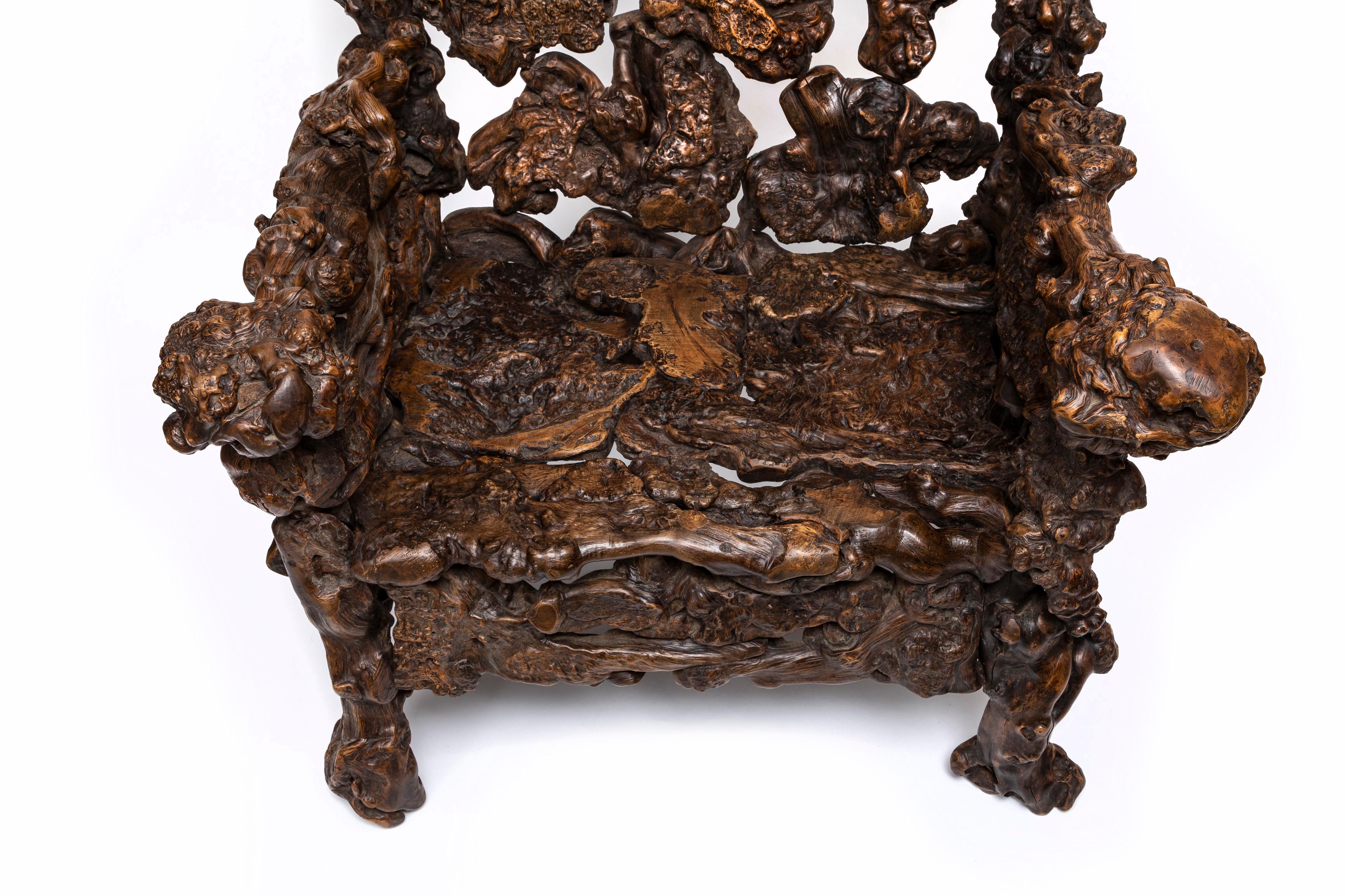 Large Pair of Hand-Carved 19th Century Chinese Rootwood Throne Chairs/Arm Chairs For Sale 9