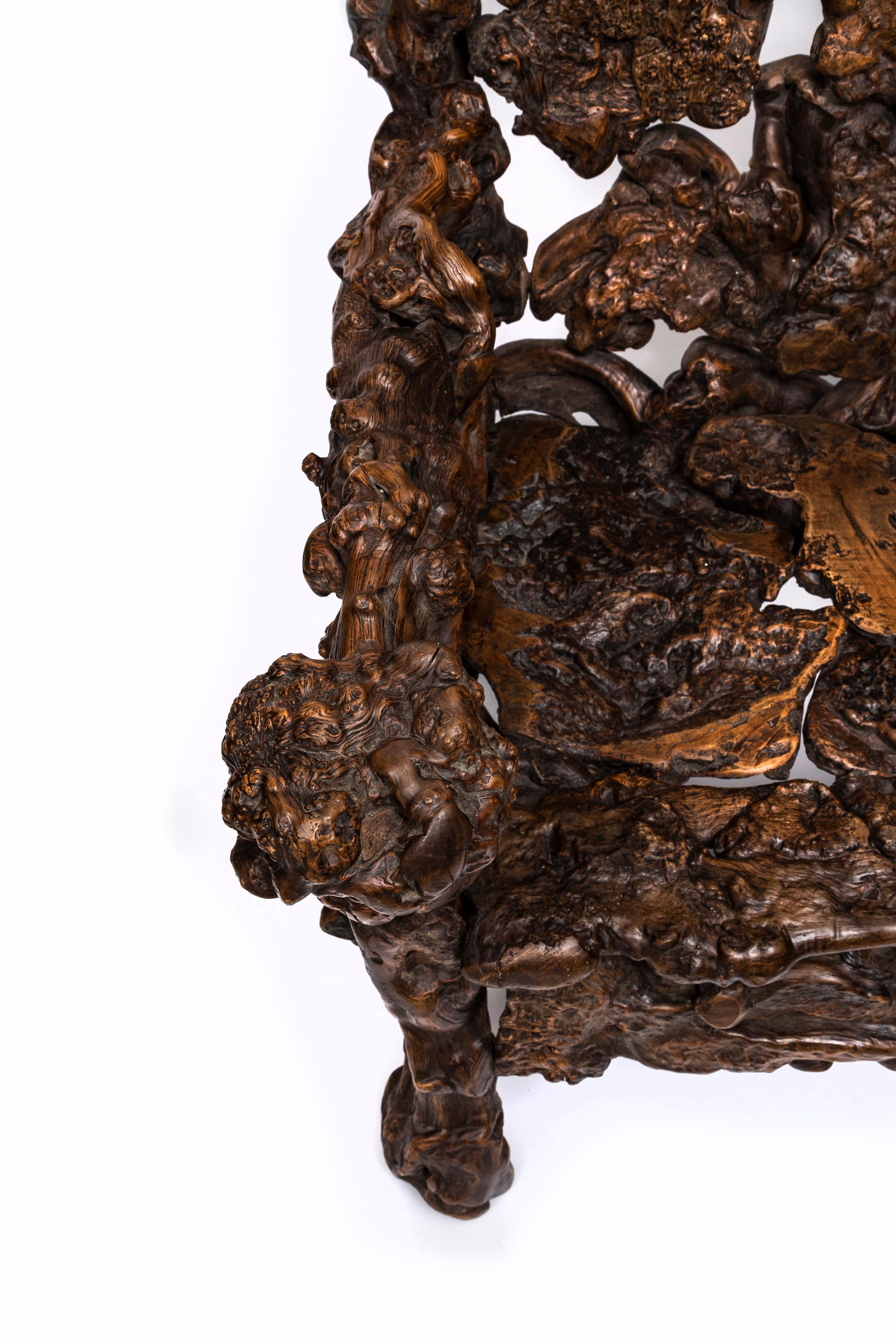 Large Pair of Hand-Carved 19th Century Chinese Rootwood Throne Chairs/Arm Chairs For Sale 11