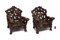 Large Pair of Hand-Carved 19th Century Chinese Rootwood Throne Chairs/Arm Chairs