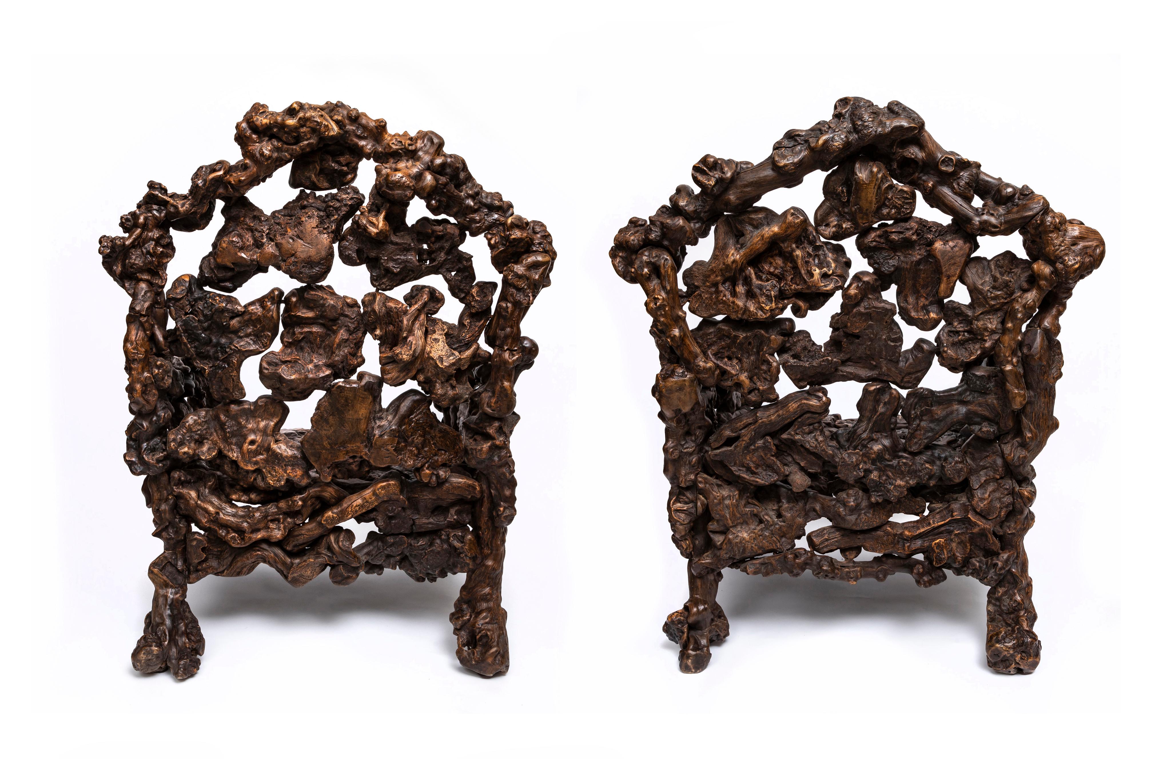Mid-19th Century Large Pair of Hand-Carved 19th Century Chinese Rootwood Throne Chairs/Arm Chairs For Sale