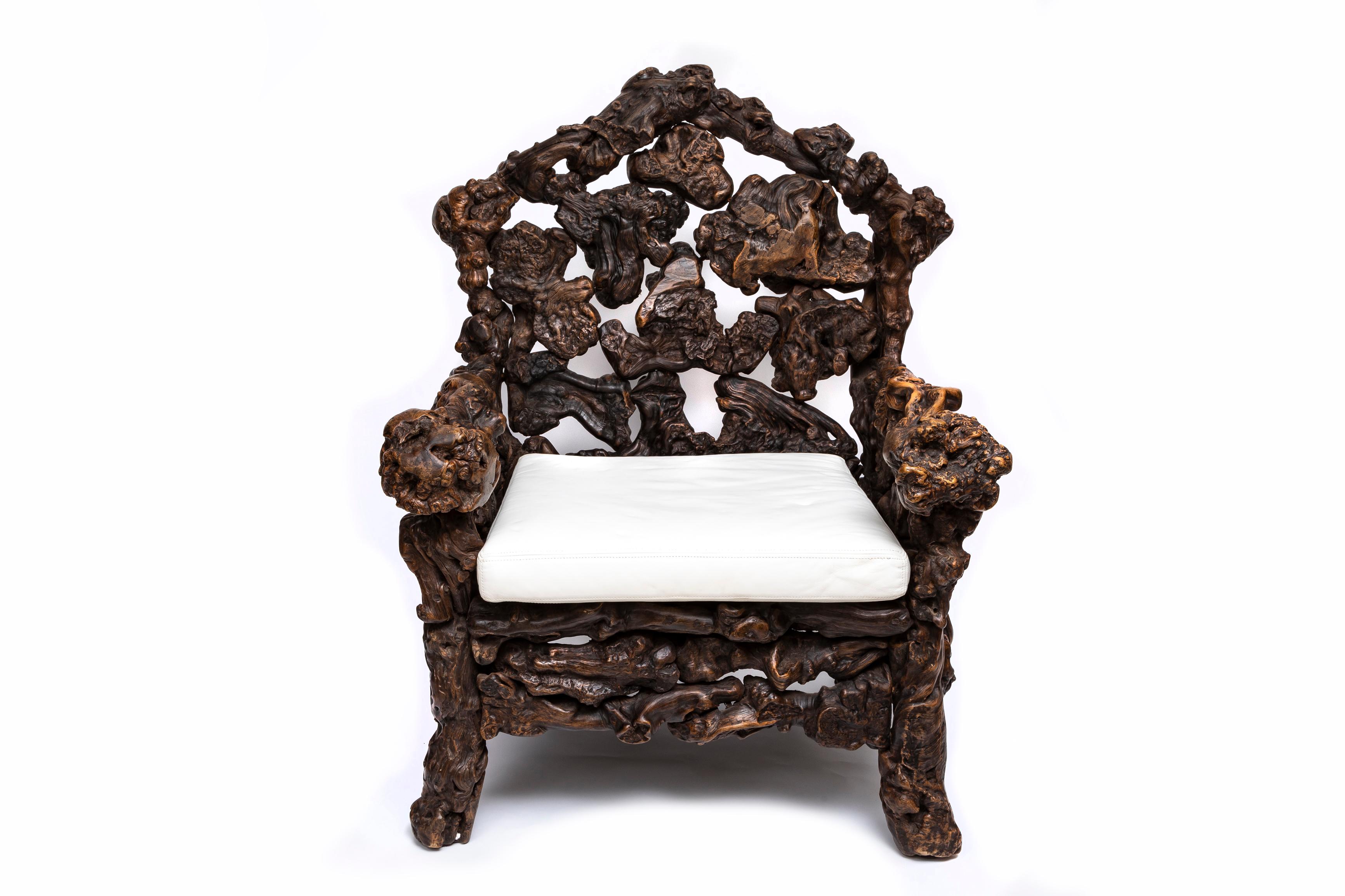 Wood Large Pair of Hand-Carved 19th Century Chinese Rootwood Throne Chairs/Arm Chairs For Sale