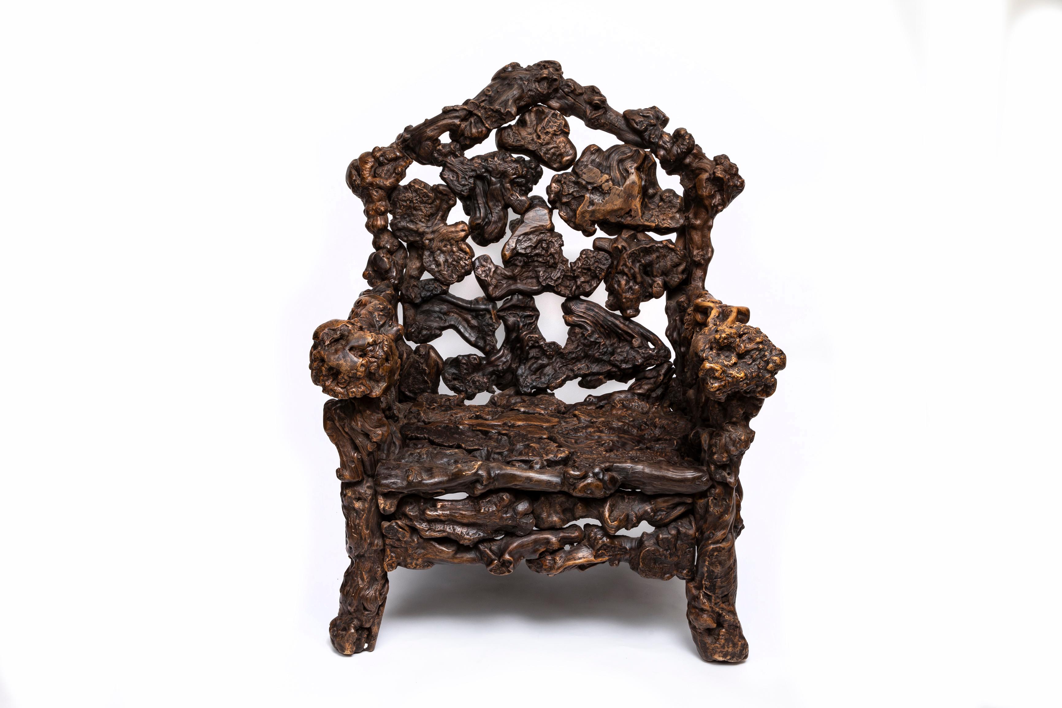 Large Pair of Hand-Carved 19th Century Chinese Rootwood Throne Chairs/Arm Chairs For Sale 3