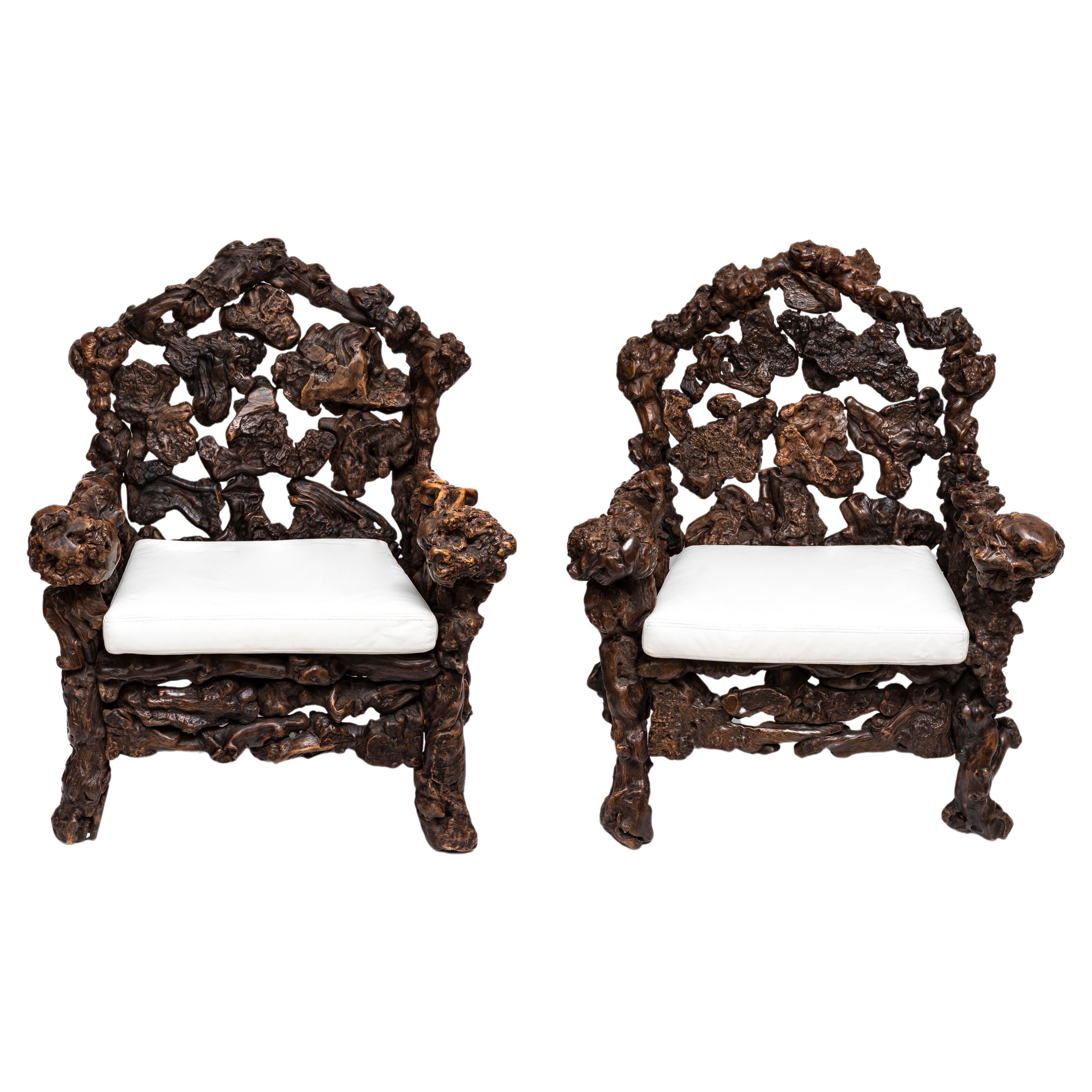 Large Pair of Hand-Carved 19th Century Chinese Rootwood Throne Chairs/Arm Chairs For Sale