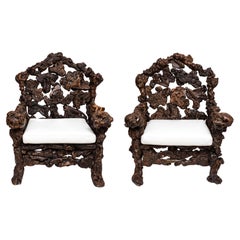 Large Pair of Hand-Carved 19th Century Chinese Rootwood Throne Chairs/Arm Chairs