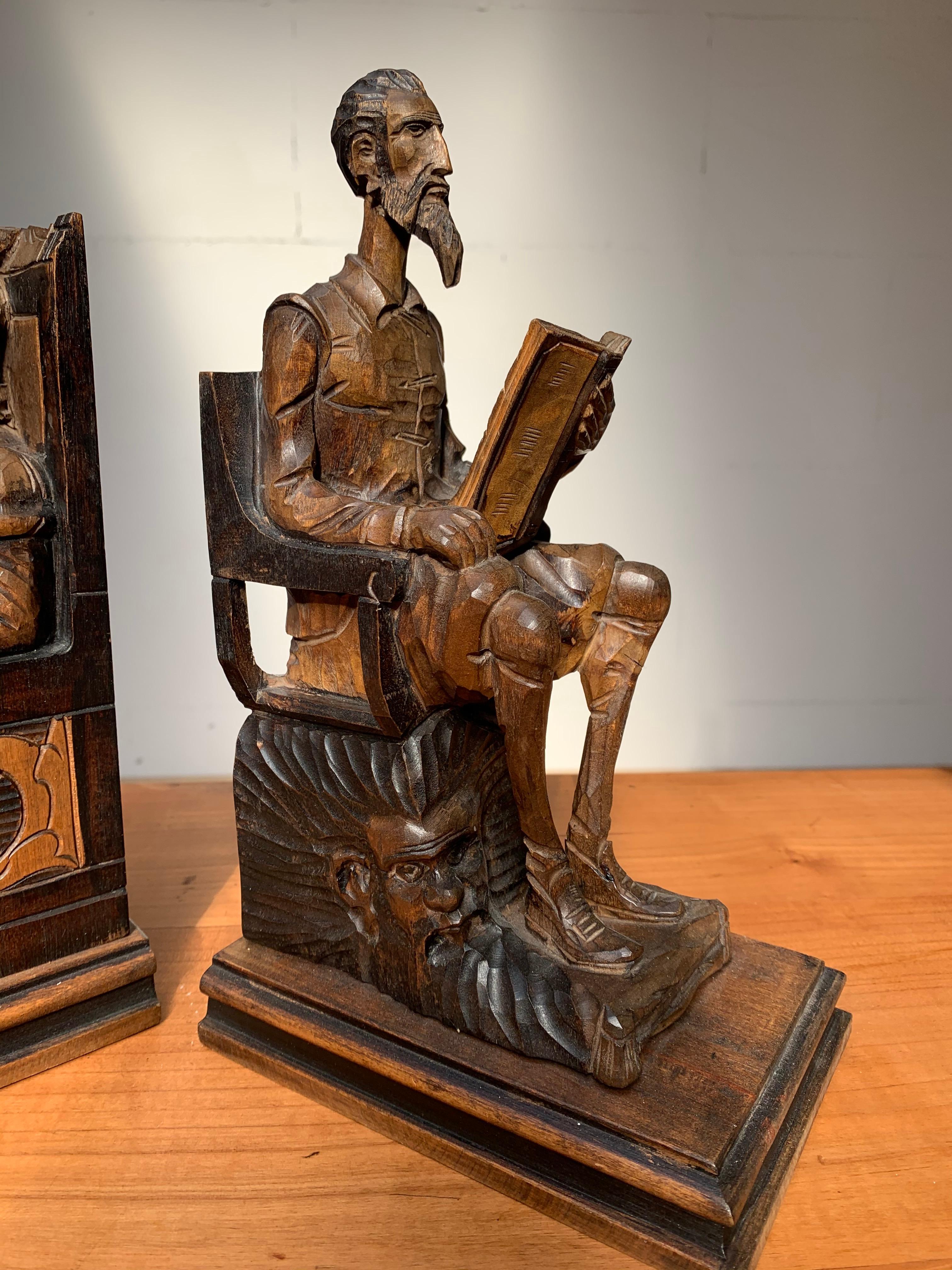 Large Pair of Hand Carved and Ebonized 1930s Don Quixote & Sancho Panza Bookends 9