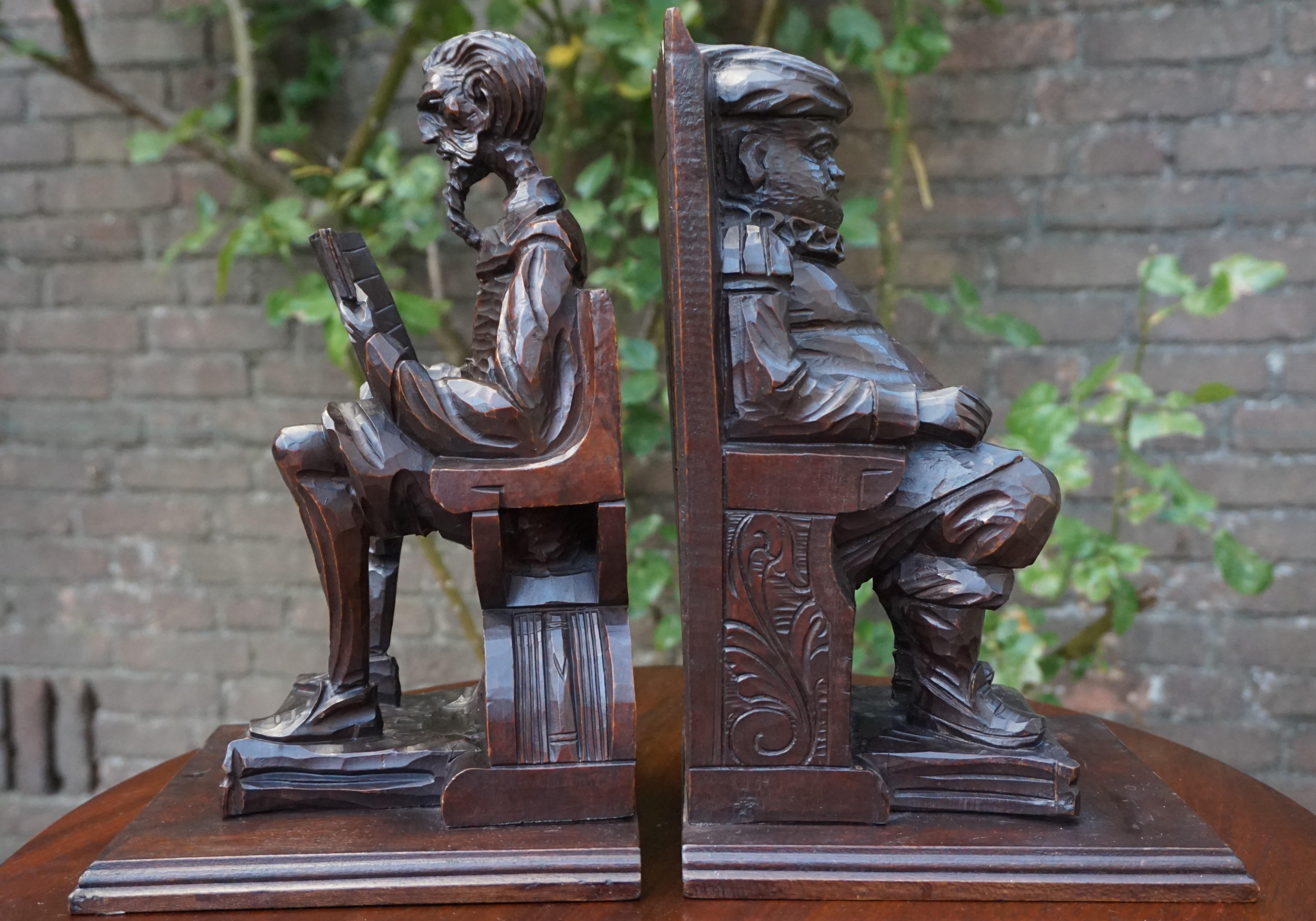 French Large Pair of Hand-Carved and Ebonized 1930s Don Quixote & Sancho Panza Bookends