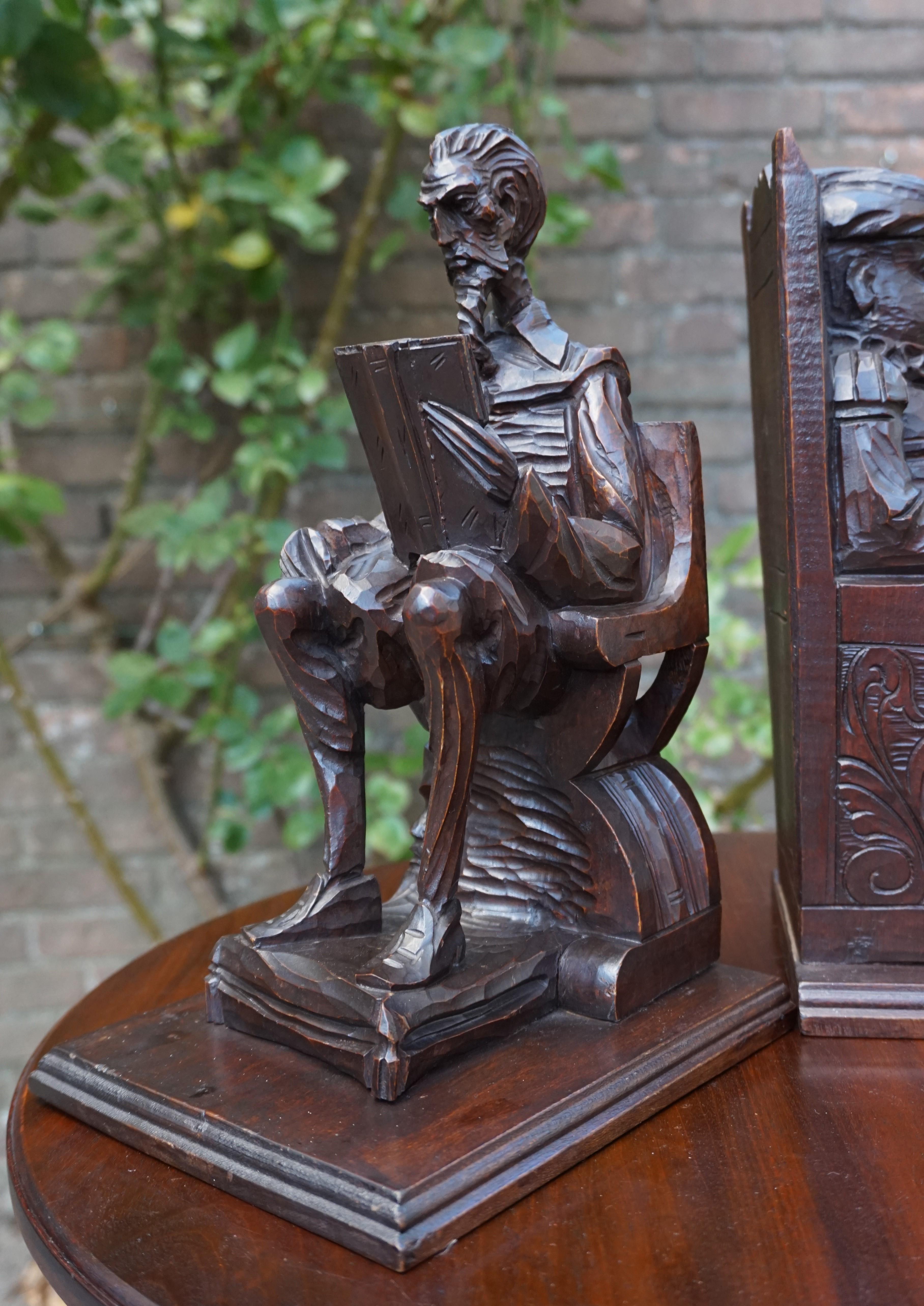 Large Pair of Hand-Carved and Ebonized 1930s Don Quixote & Sancho Panza Bookends In Good Condition In Lisse, NL