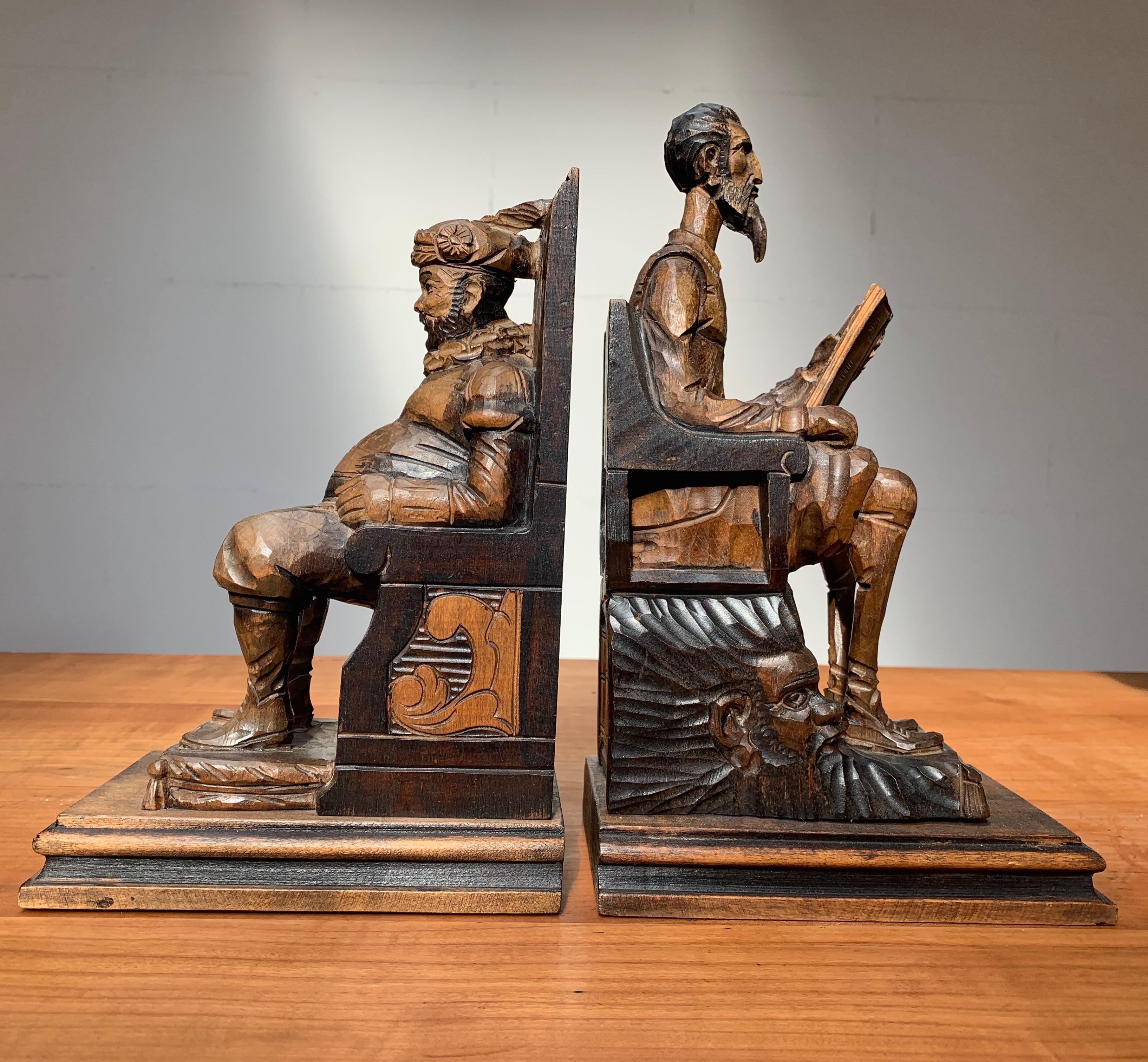 Medieval Large Pair of Hand Carved and Ebonized 1930s Don Quixote & Sancho Panza Bookends