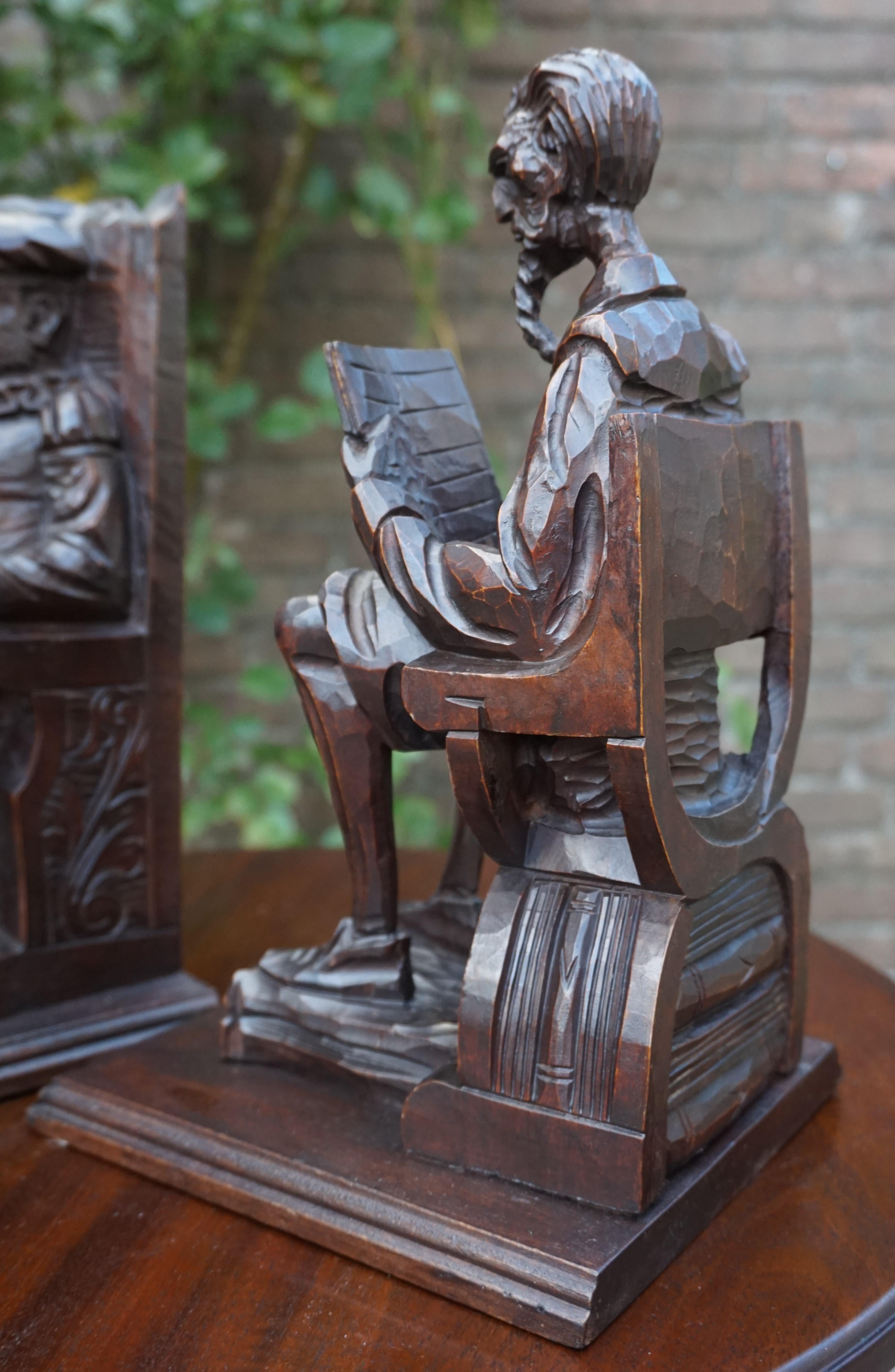 Wood Large Pair of Hand-Carved and Ebonized 1930s Don Quixote & Sancho Panza Bookends