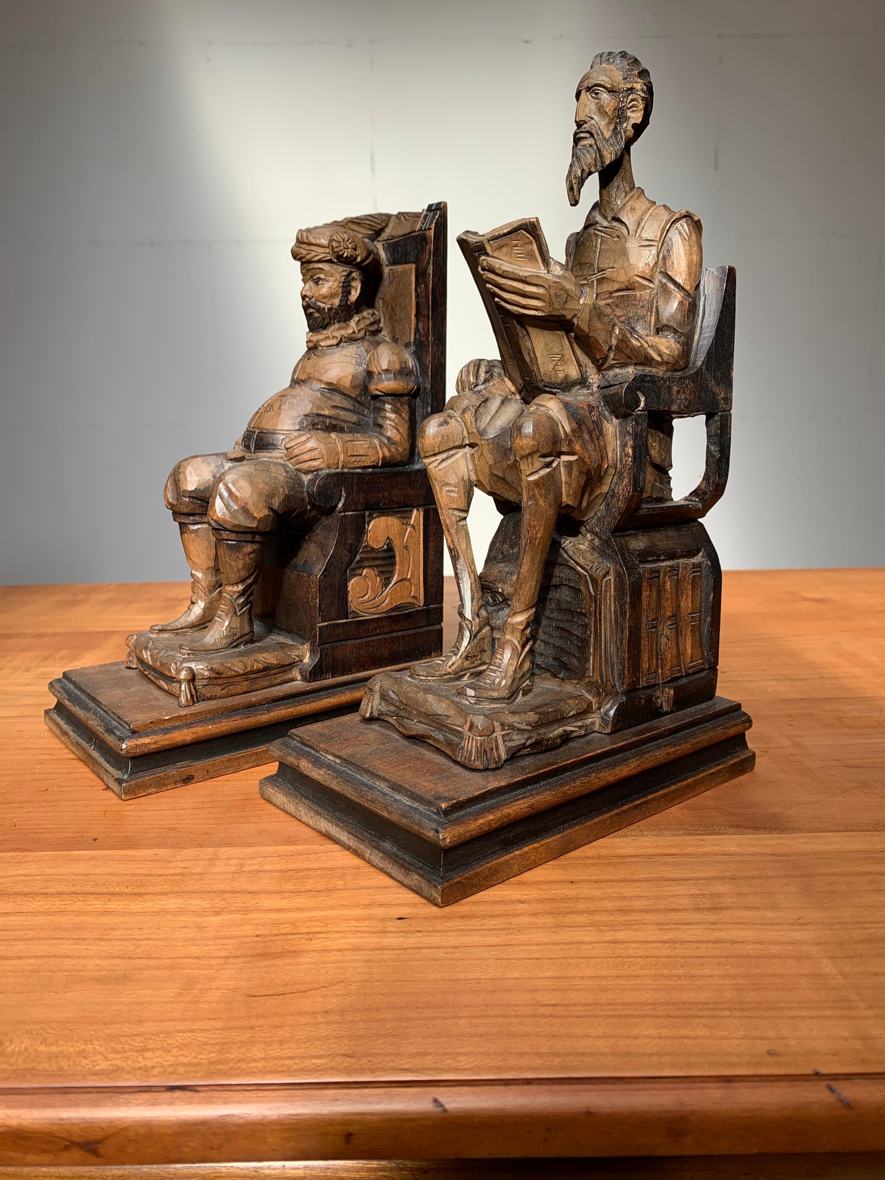 French Large Pair of Hand Carved and Ebonized 1930s Don Quixote & Sancho Panza Bookends