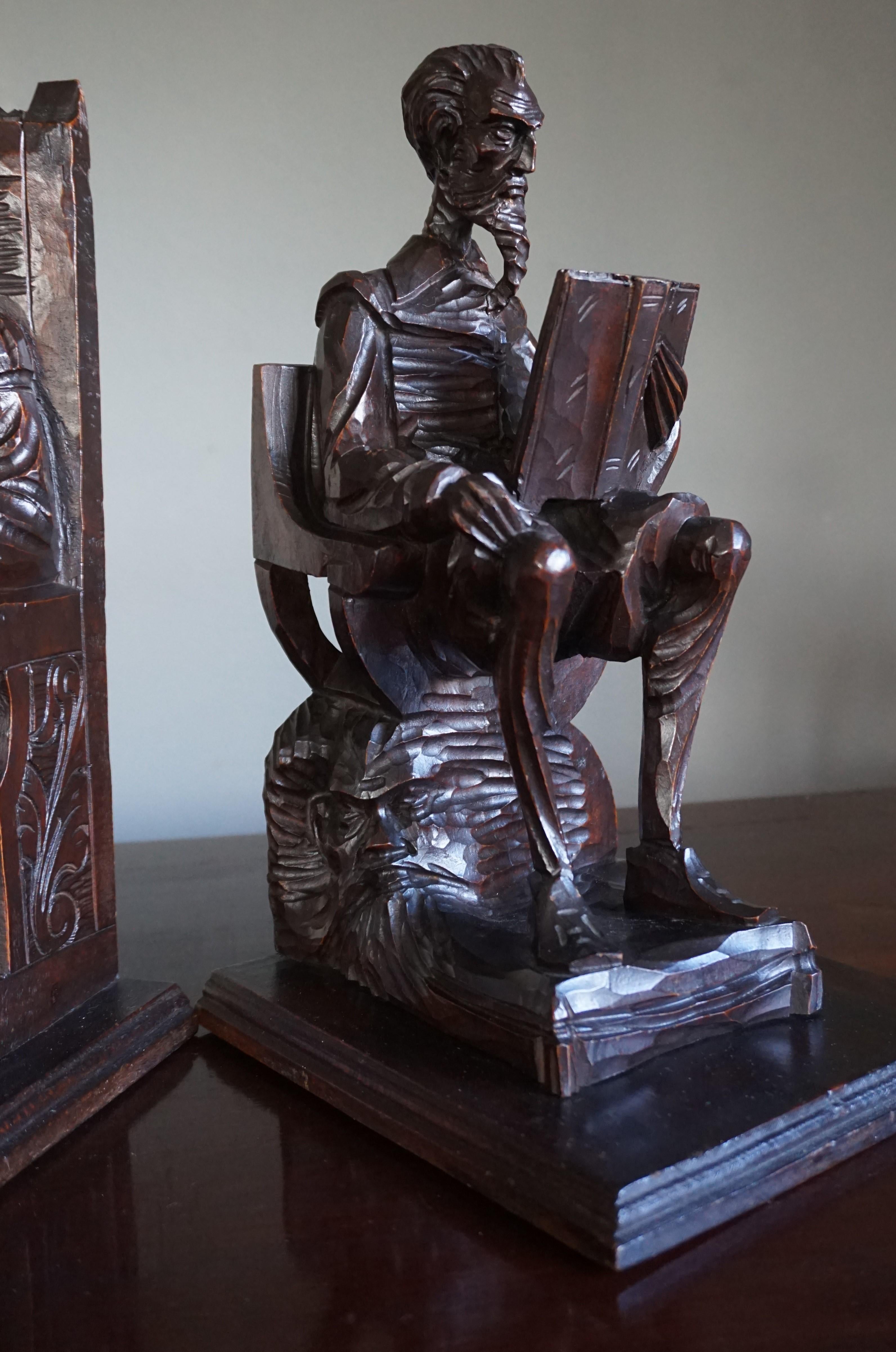 Large Pair of Hand-Carved and Ebonized 1930s Don Quixote & Sancho Panza Bookends 1