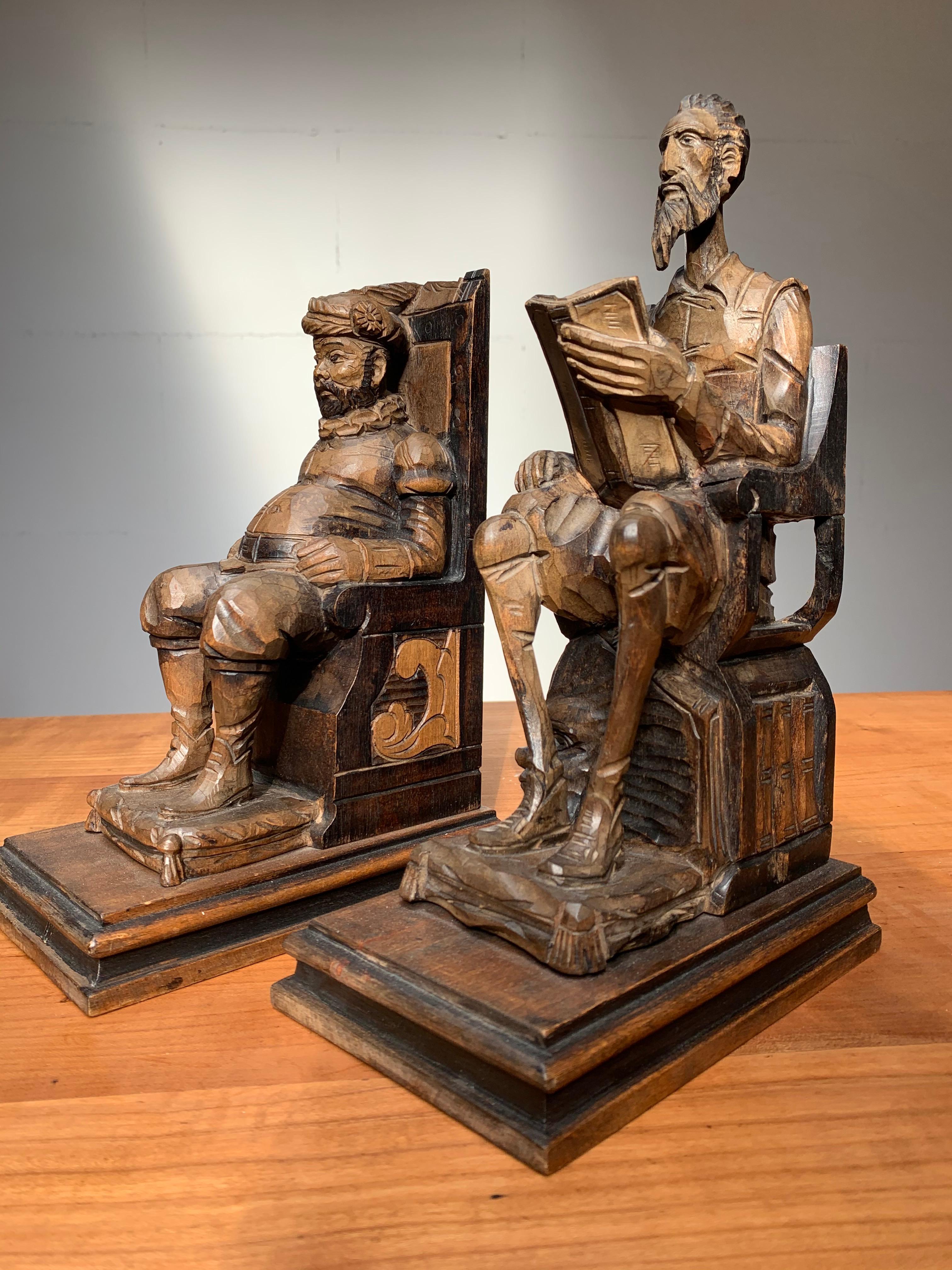 Large Pair of Hand Carved and Ebonized 1930s Don Quixote & Sancho Panza Bookends In Excellent Condition In Lisse, NL
