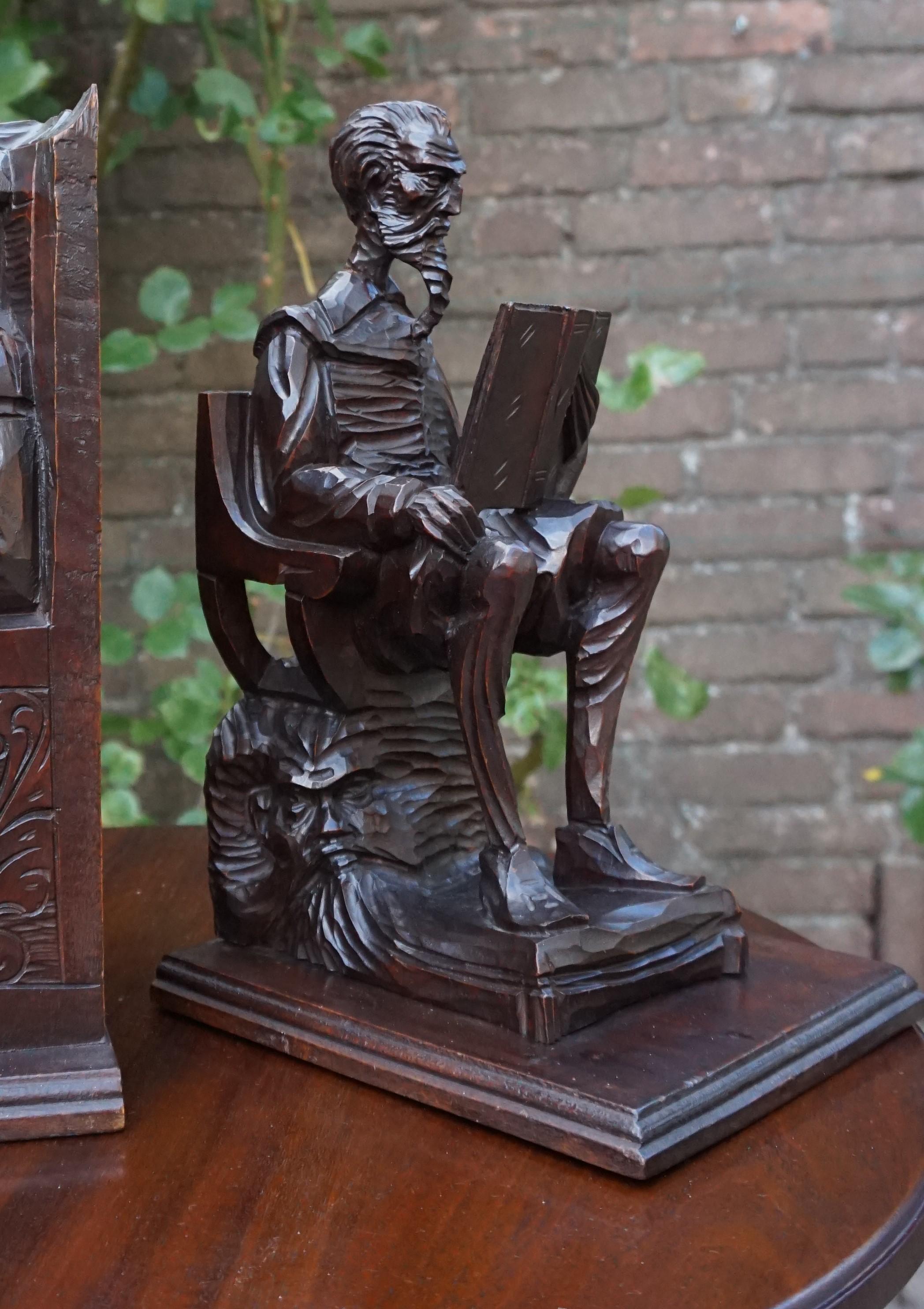Large Pair of Hand-Carved and Ebonized 1930s Don Quixote & Sancho Panza Bookends 2