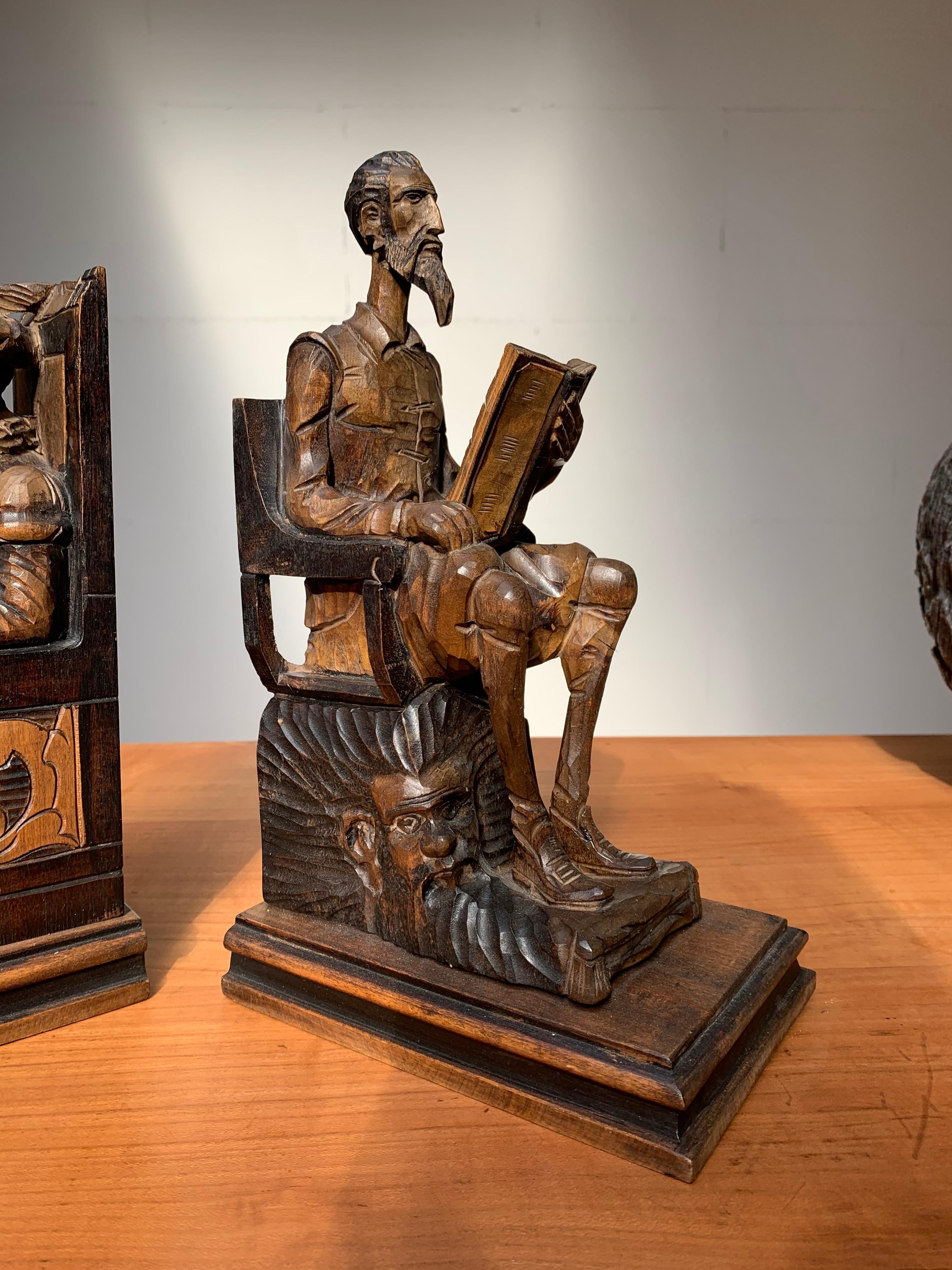 20th Century Large Pair of Hand Carved and Ebonized 1930s Don Quixote & Sancho Panza Bookends