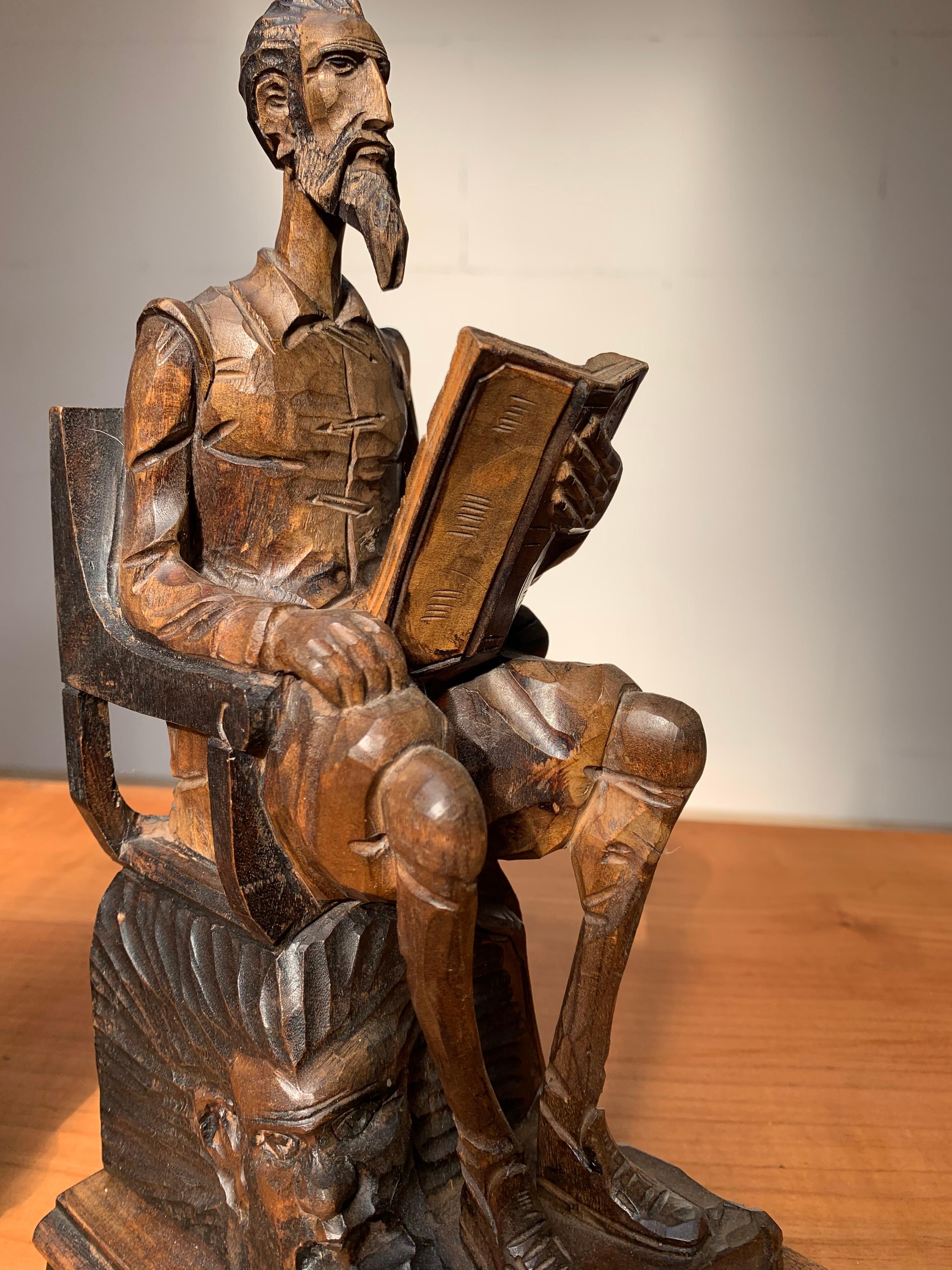 Wood Large Pair of Hand Carved and Ebonized 1930s Don Quixote & Sancho Panza Bookends
