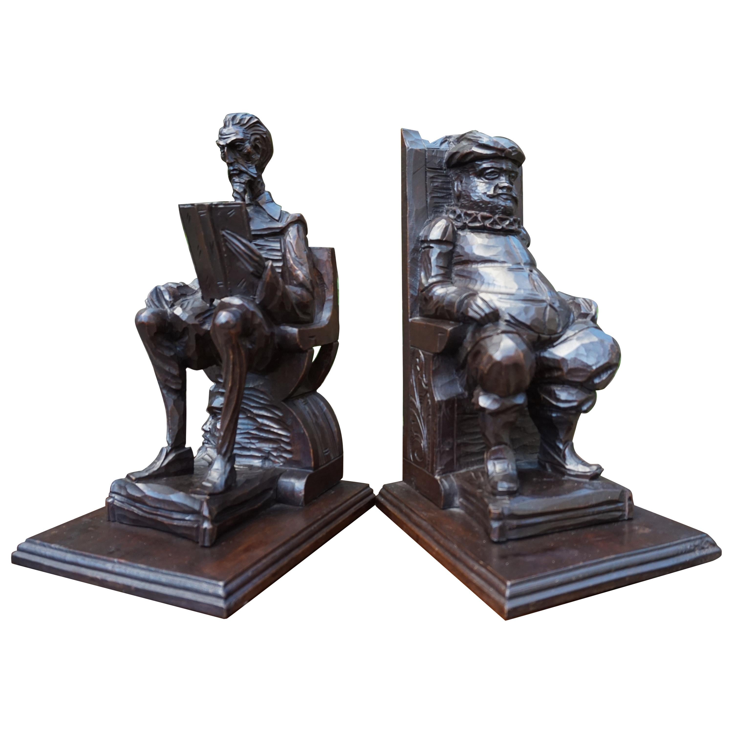 Large Pair of Hand-Carved and Ebonized 1930s Don Quixote & Sancho Panza Bookends