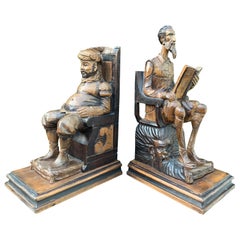 Large Pair of Hand Carved and Ebonized 1930s Don Quixote & Sancho Panza Bookends