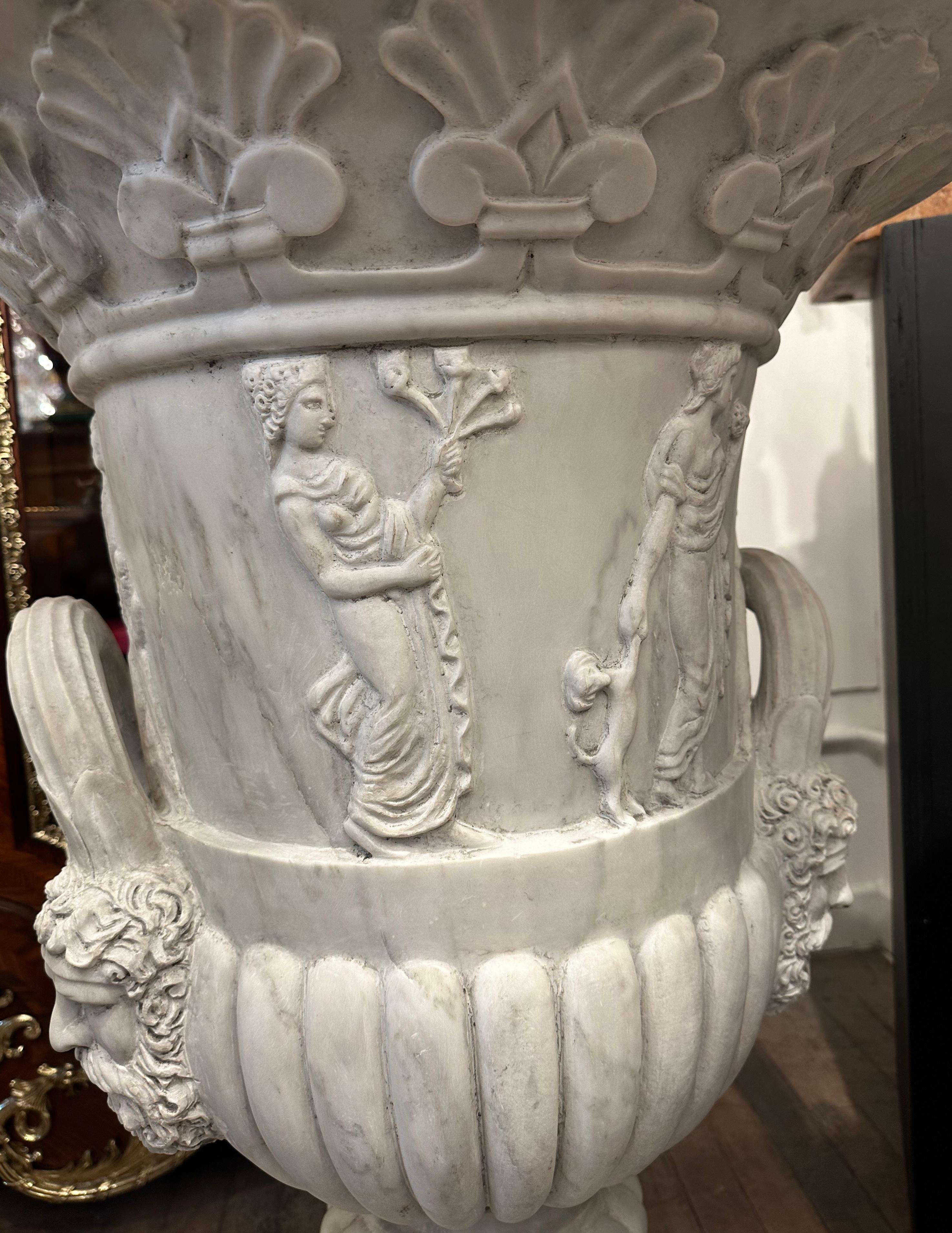 Large Pair of Hand-Carved Medici Style Marble Urns For Sale 4