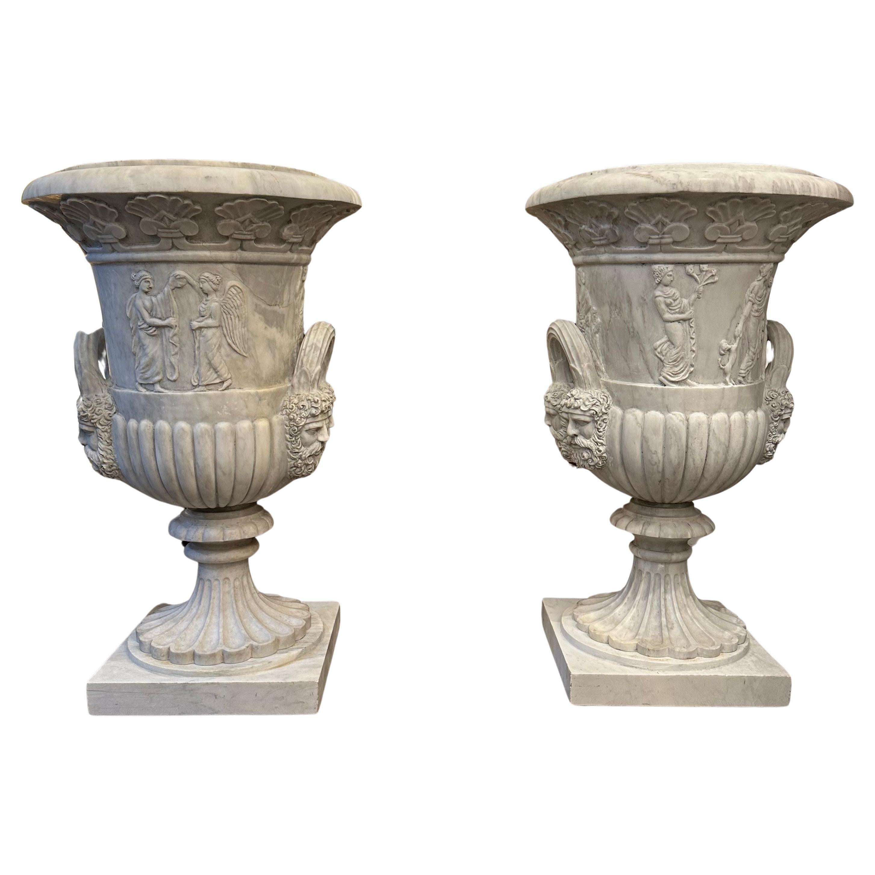 Large Pair of Hand-Carved Medici Style Marble Urns For Sale