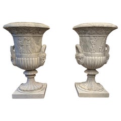 Antique Large Pair of Hand-Carved Medici Style Marble Urns