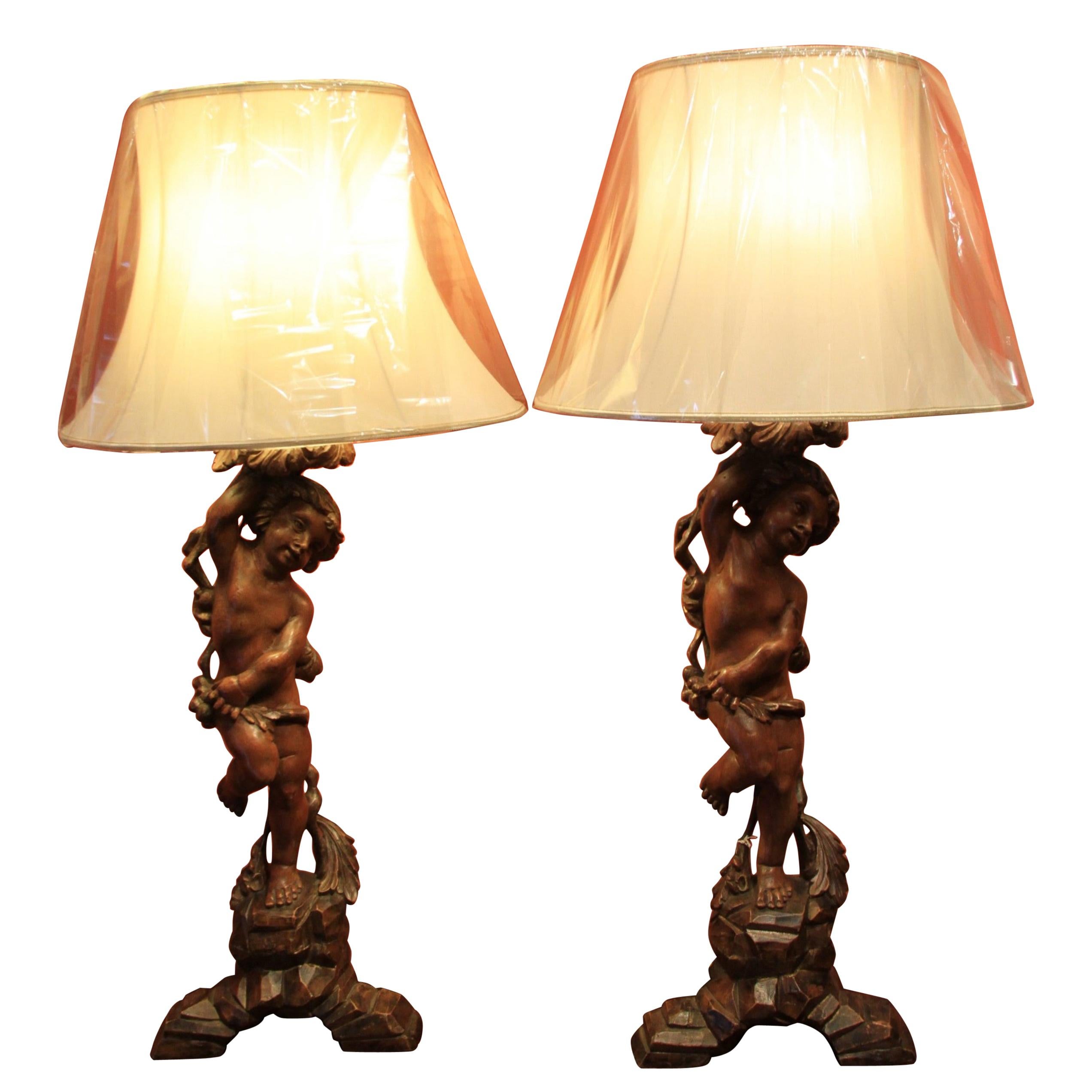 Large Pair of  Hand Carved Pine Wooden Cherub Lamps, circa 1910 For Sale