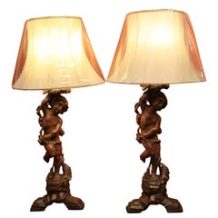 Large Pair of  Hand Carved Pine Wooden Cherub Lamps, circa 1910