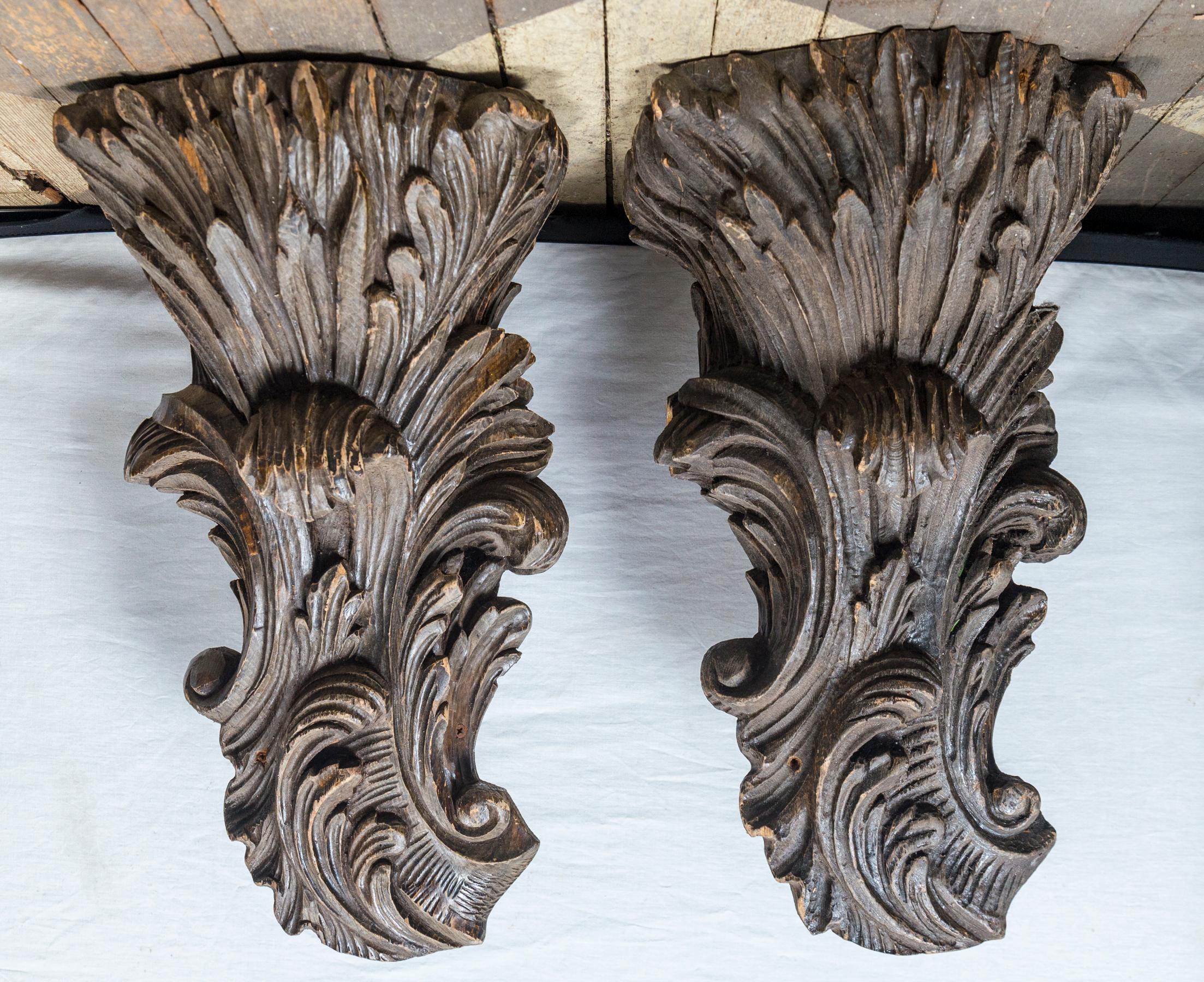 Rococo Large Pair of Hand Carved Wood Wall Brackets For Sale
