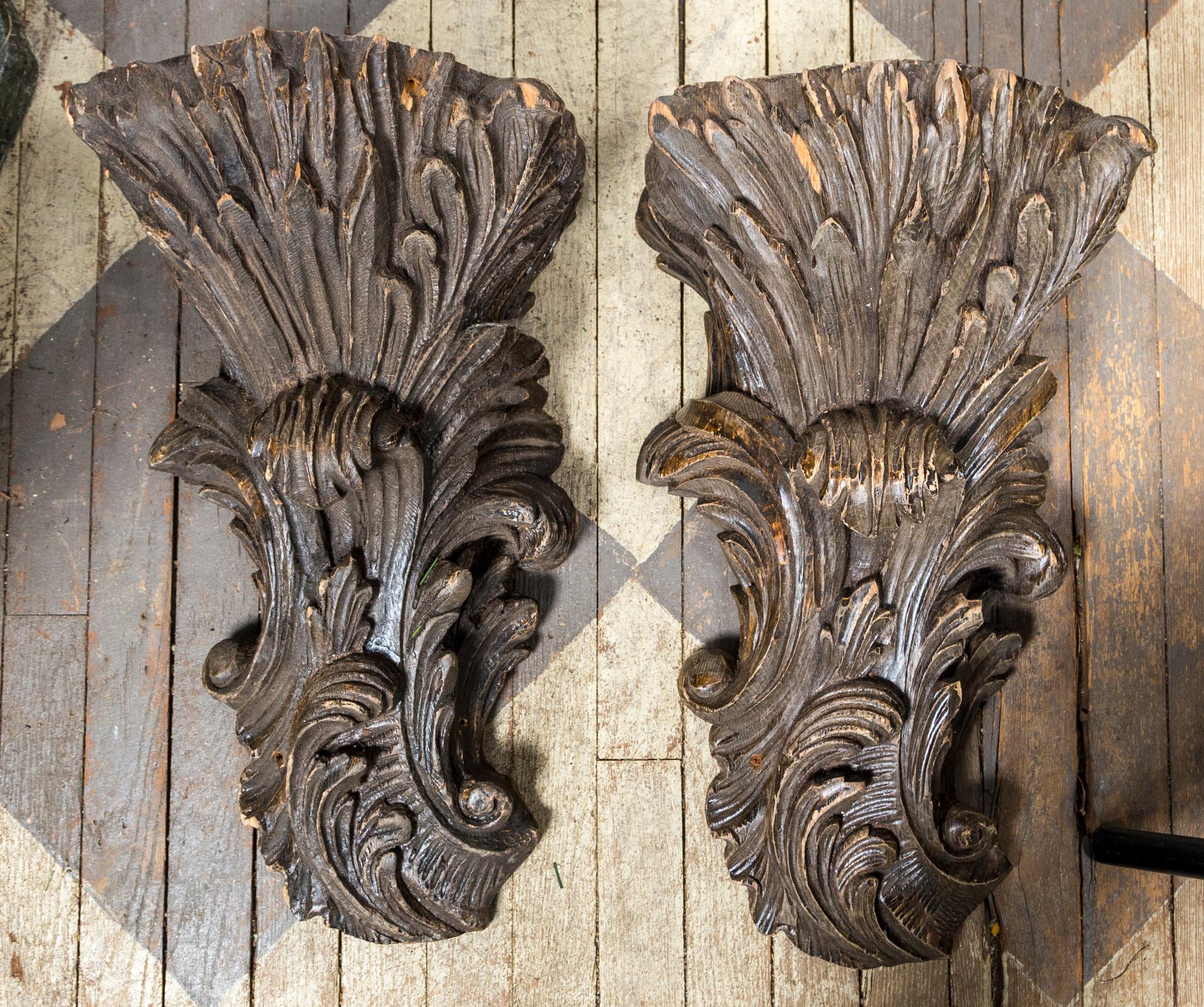 Hand-Carved Large Pair of Hand Carved Wood Wall Brackets For Sale