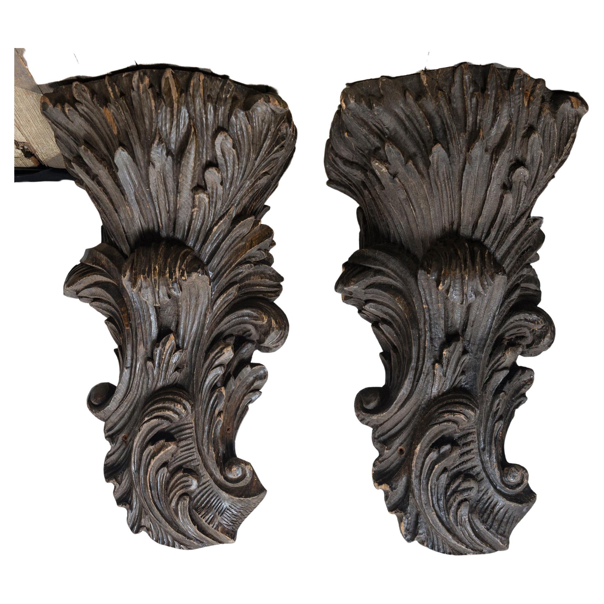 Large Pair of Hand Carved Wood Wall Brackets For Sale