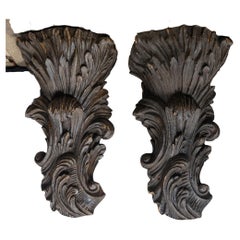 Antique Large Pair of Hand Carved Wood Wall Brackets