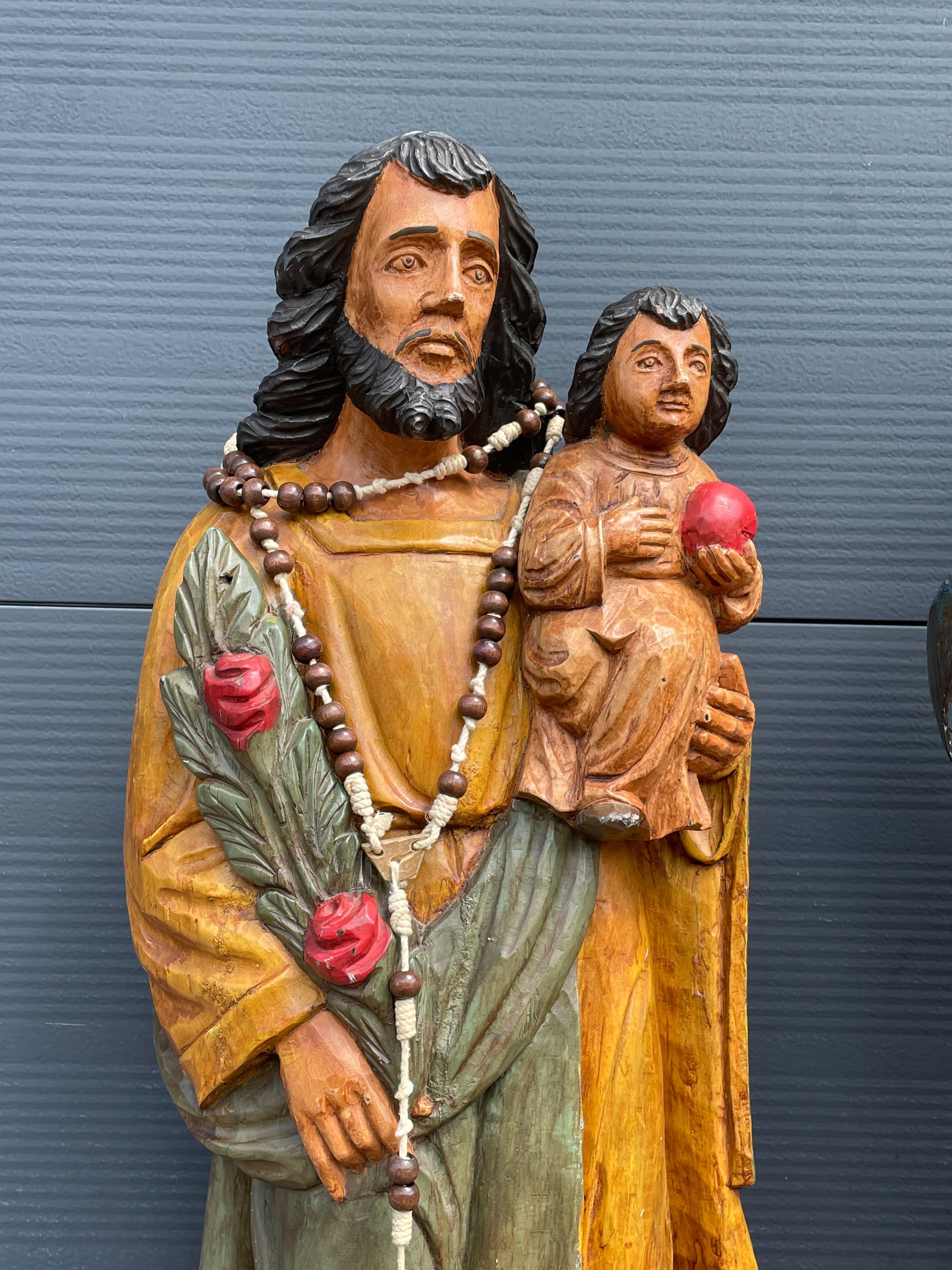 Large Pair of Hand Carved Wooden Mary & Joseph Sculptures, Both with Child Jesus For Sale 1