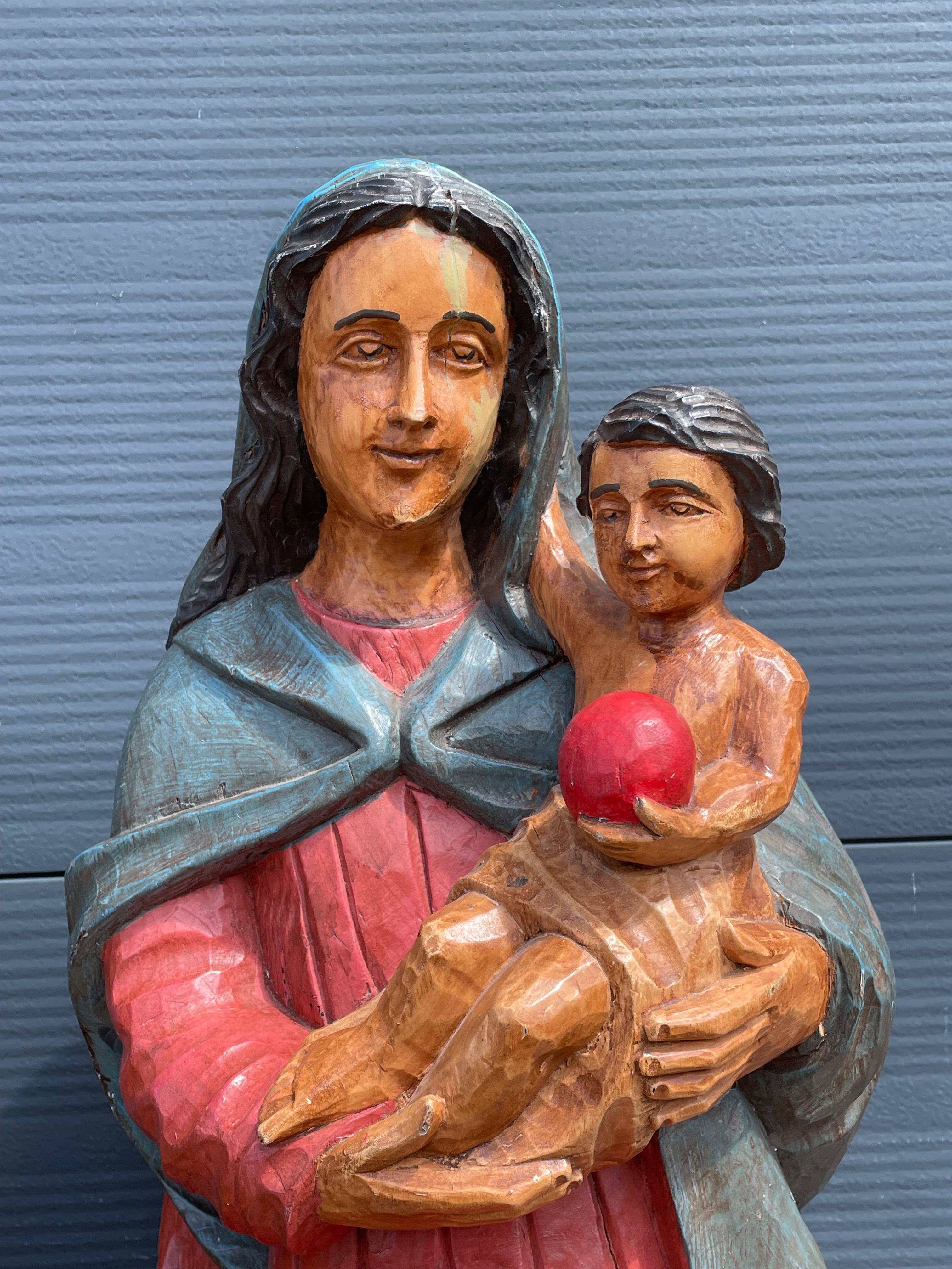 Large Pair of Hand Carved Wooden Mary & Joseph Sculptures, Both with Child Jesus For Sale 8