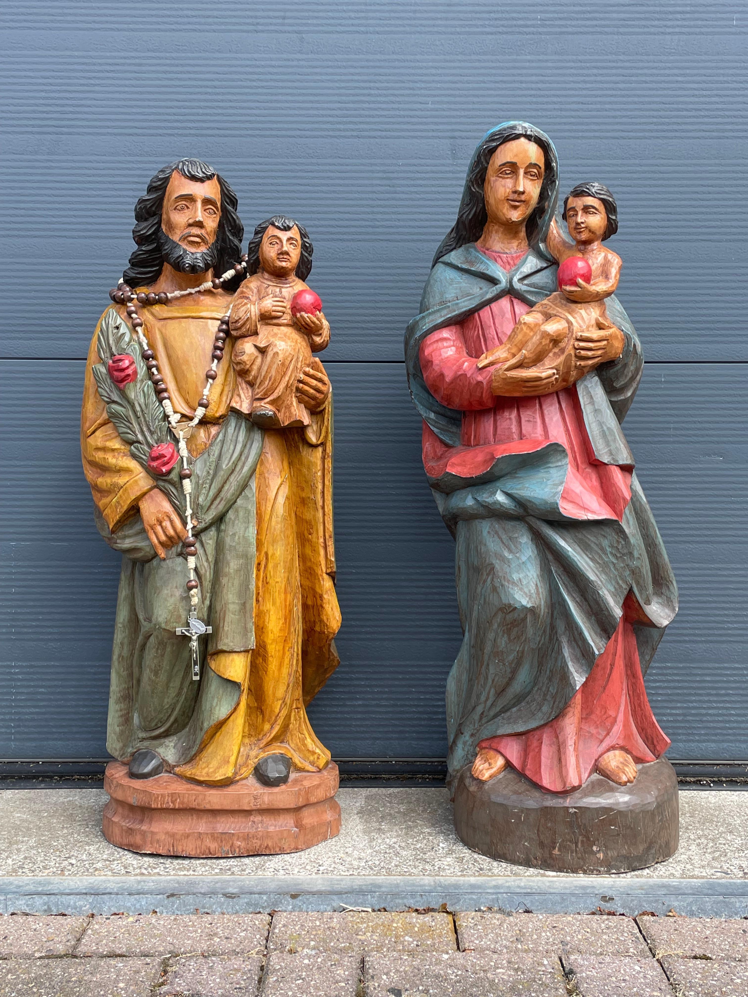 Large Pair of Hand Carved Wooden Mary & Joseph Sculptures, Both with Child Jesus For Sale 9