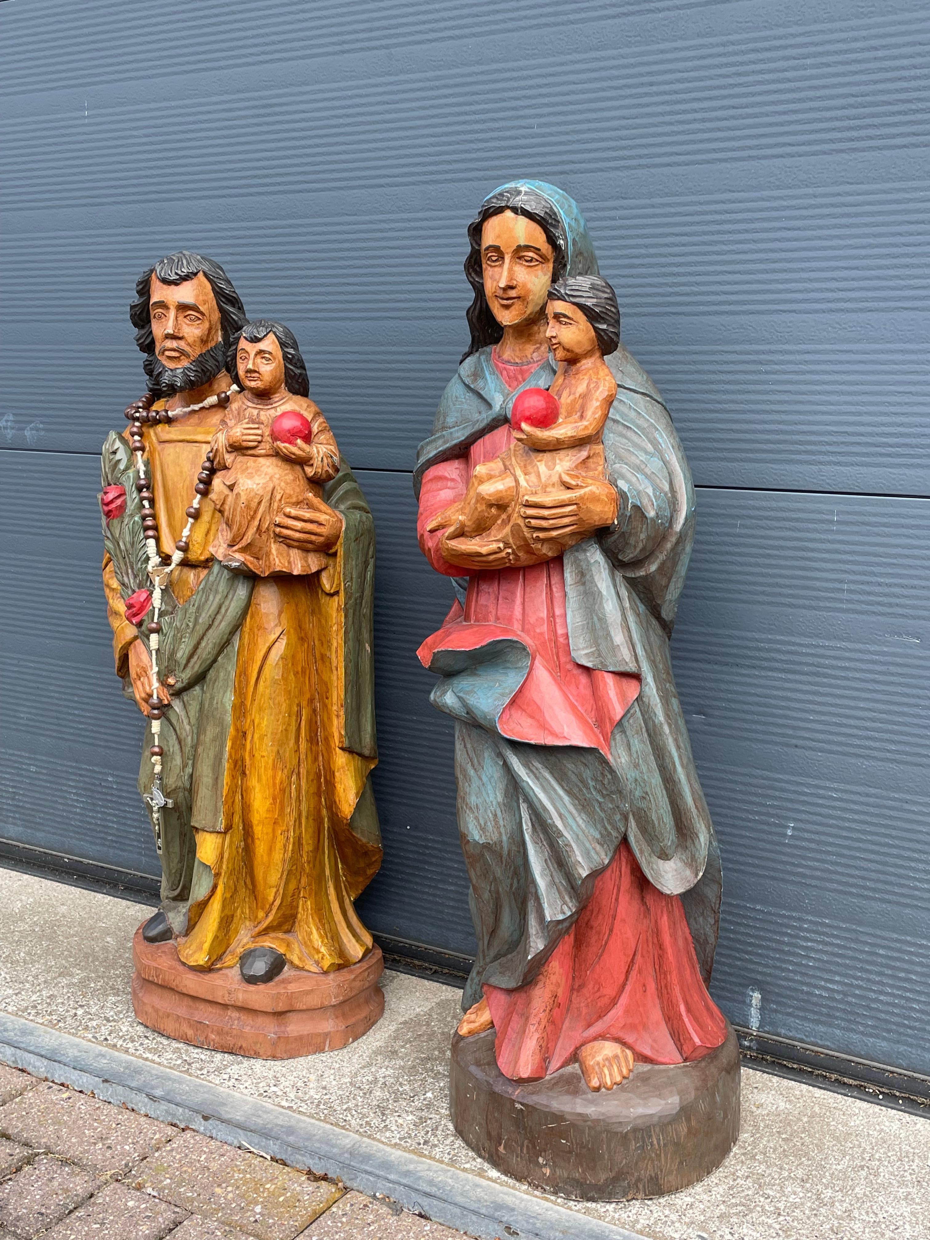 Sizable pair of solid wooden Joseph & Mary sculptures.

These folk art like, all hand carved and completely original Mary and Joseph sculptures could hardly be in better condition. With their pretty colors and friendly and happy faces, there is a