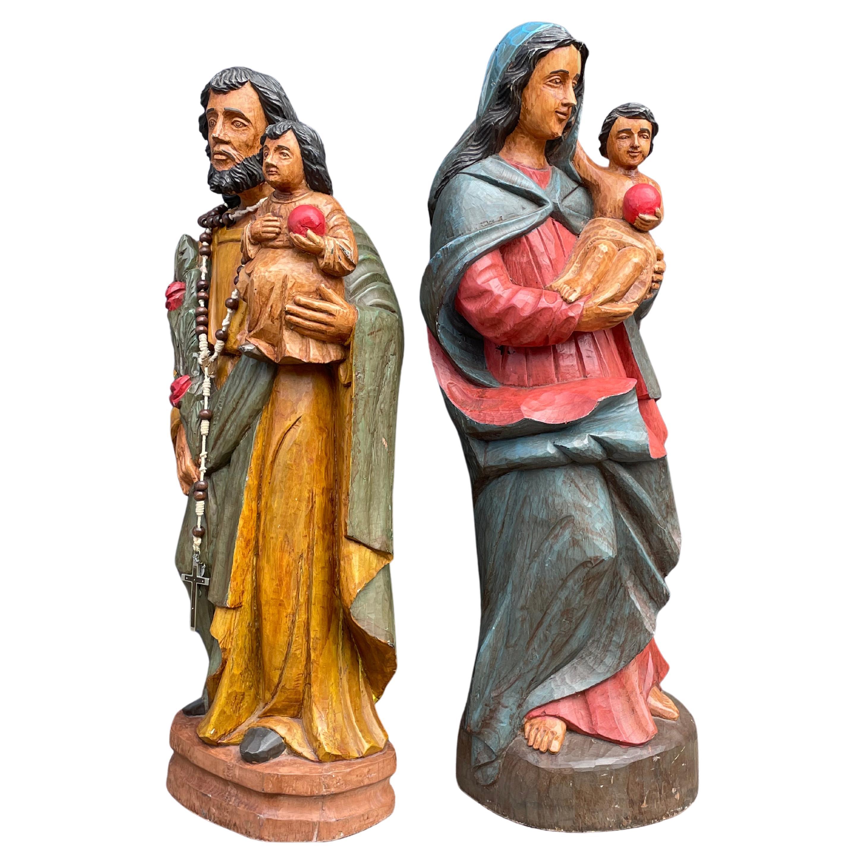 Large Pair of Hand Carved Wooden Mary & Joseph Sculptures, Both with Child Jesus im Angebot