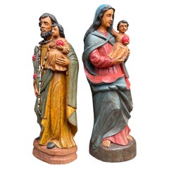 Retro Large Pair of Hand Carved Wooden Mary & Joseph Sculptures, Both with Child Jesus