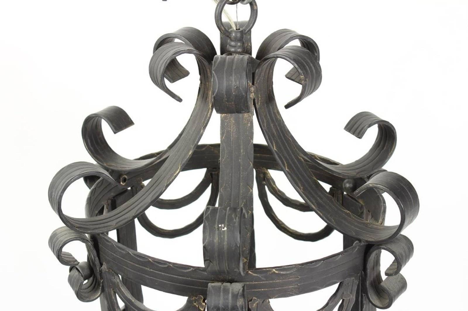European  Large Pair of Hand Forged Six Light Scrolled Iron Lanterns For Sale