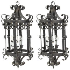  Large Pair of Hand Forged Six Light Scrolled Iron Lanterns