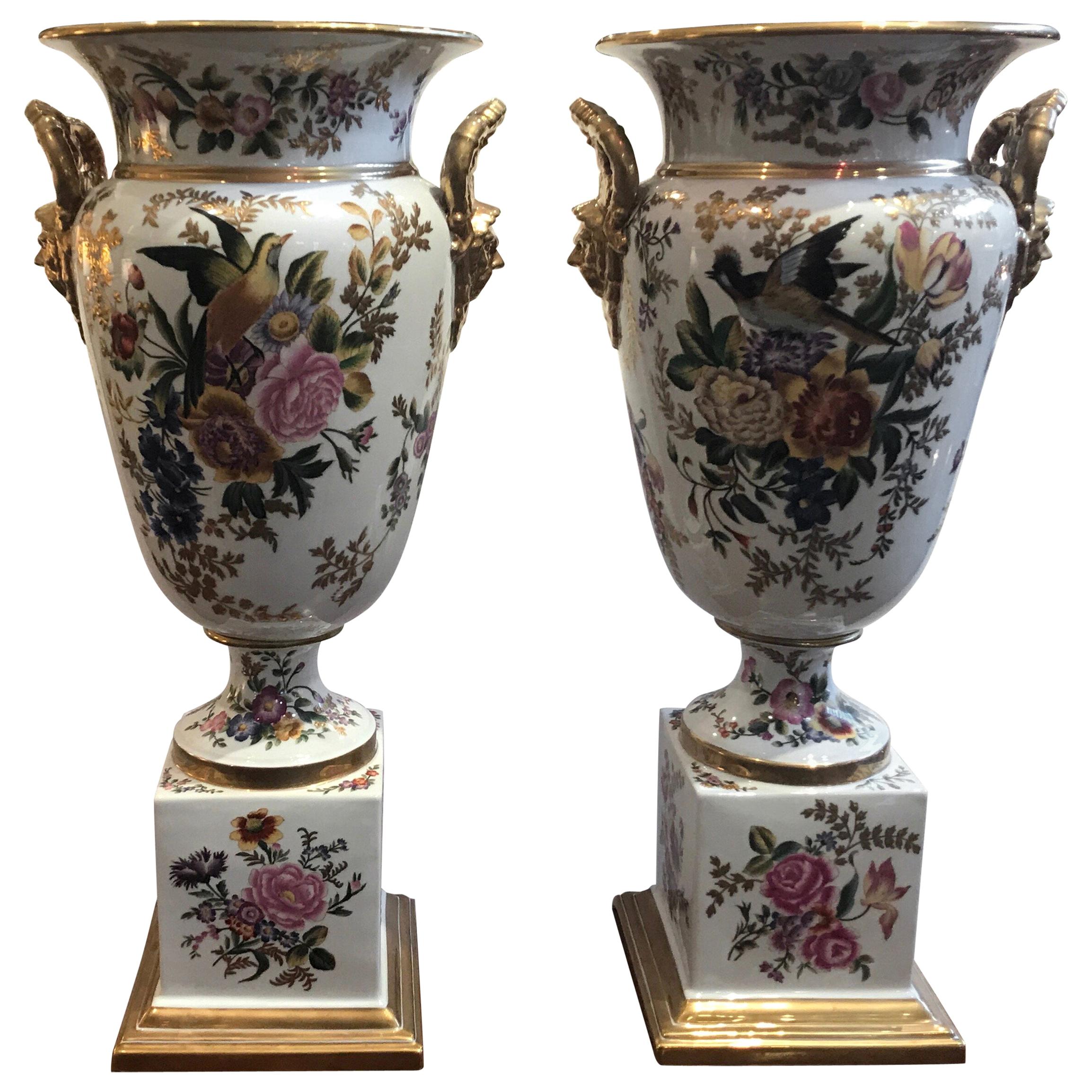 Large Pair of Hand Painted Paris Style Porcelain Urns