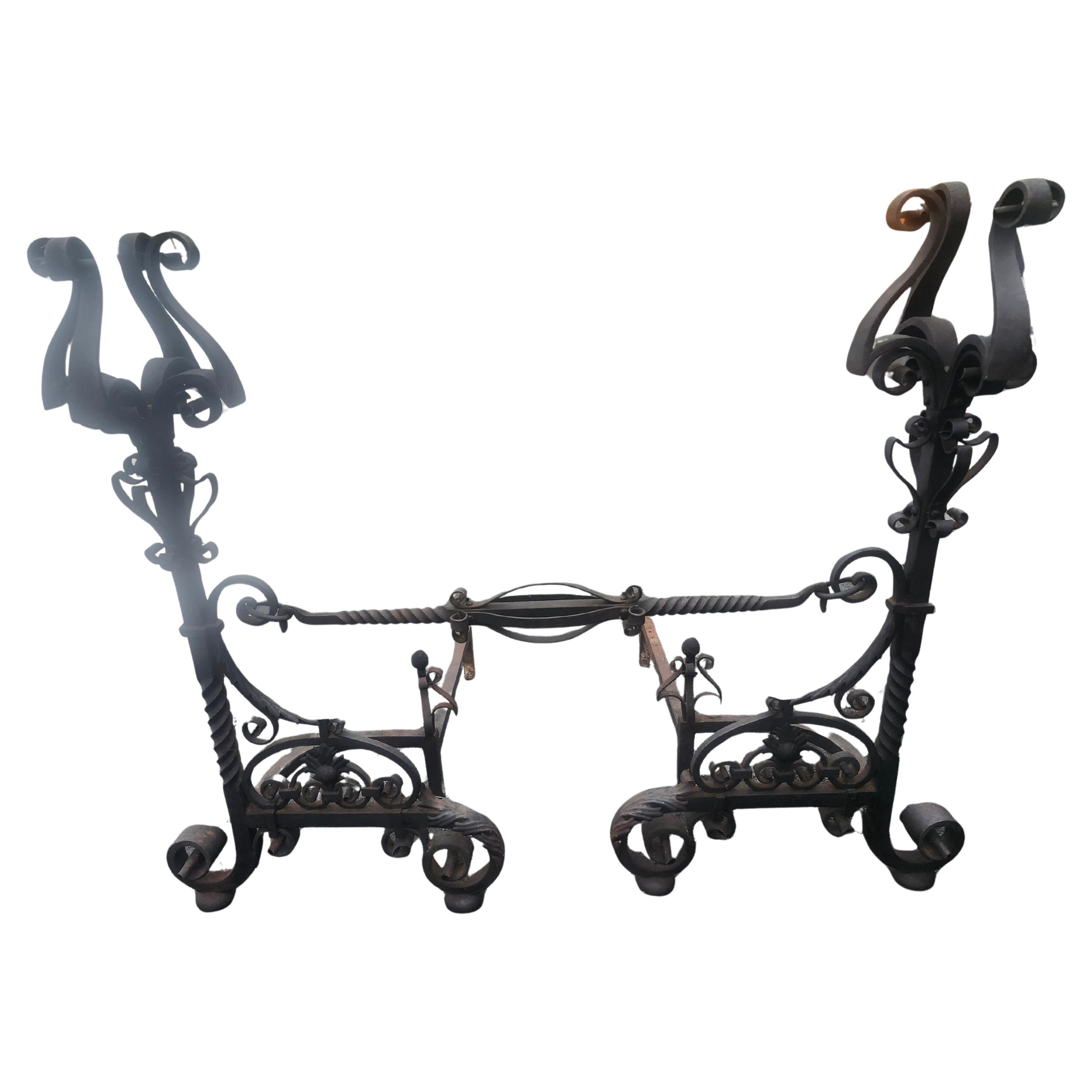 Large Pair of Hand Wrought & Forged Iron Gothic Revival Arts & Crafts Andirons For Sale